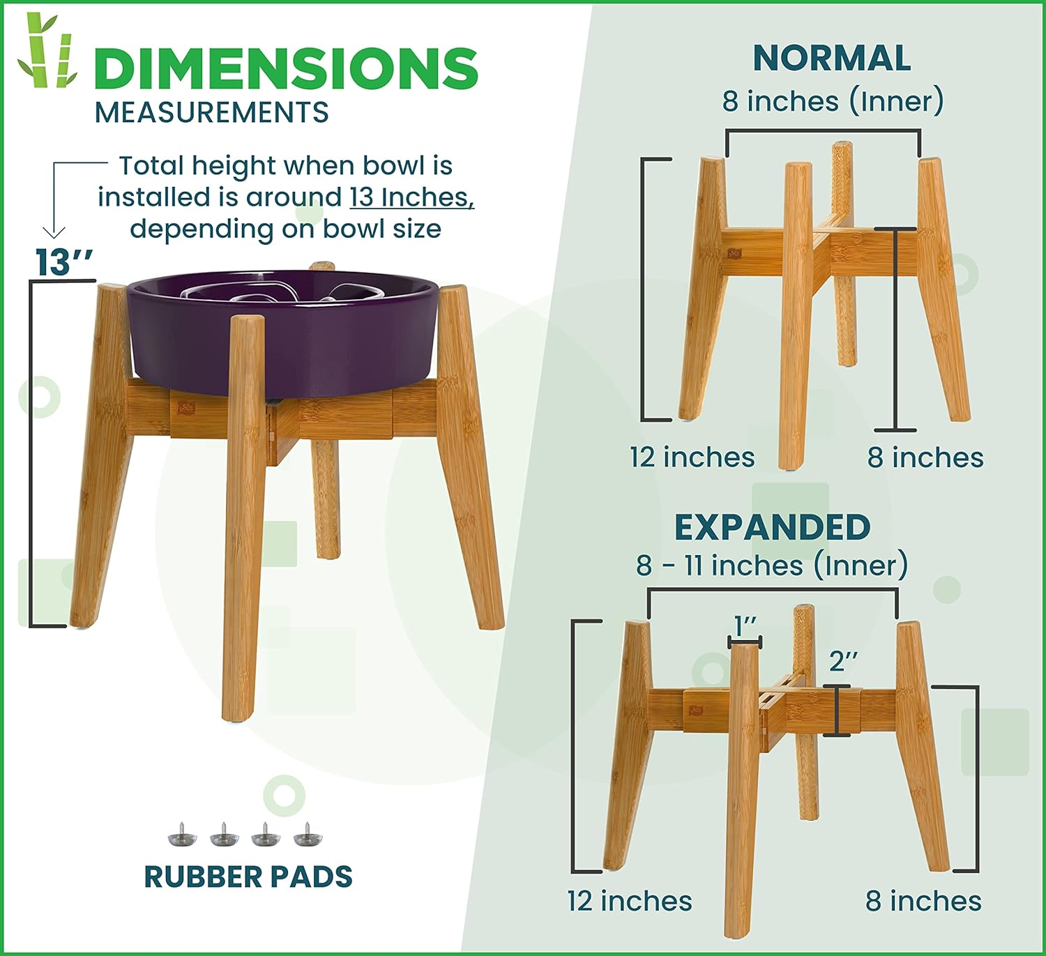 Adjustable Dog Bowl Stand - Raised, Elevated Food Bowl Holder - Width (Extendable 7-10 Inches) - Natural Bamboo image number 5