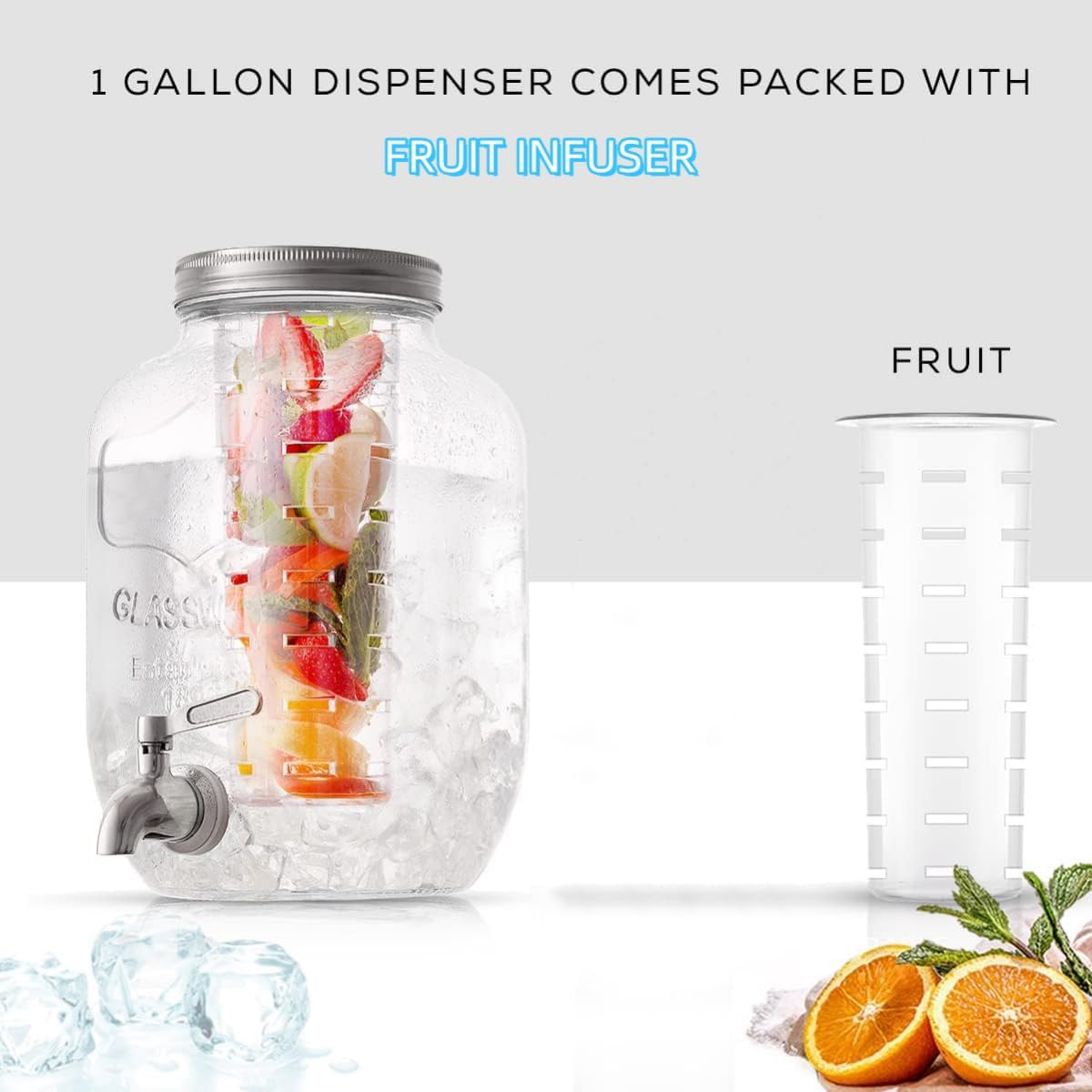 9SHOME 5L Glass Beverage Dispenser with Stand, Drink Dispenser with Stainless Steel Spigot, 1 Gallon Wide Mouth Mason Jar Container for Juice, Lemonade, Soda, Cocktail, Wine, with Fruit Infuser image number 3
