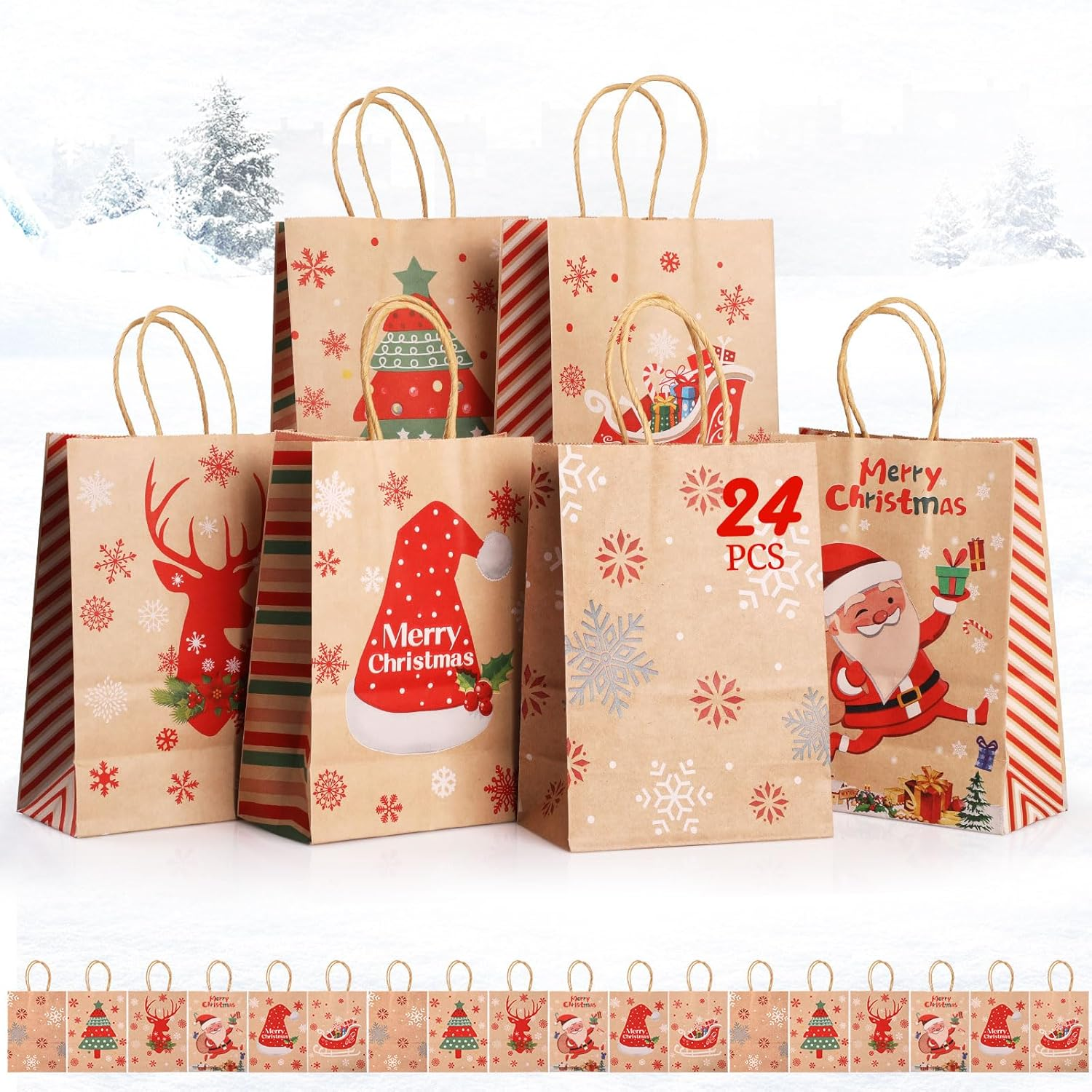 24 Pcs Christmas Kraft Gift Bags, Geeric Xmas Paper Bags Bulk with Handles Party Bags Christmas Candy Treat Bag Gift Bags for Xmas Gift Wrapping Christmas Party Santa Claus,Snowflake,Elk Print Pattern - Color2 image number 4