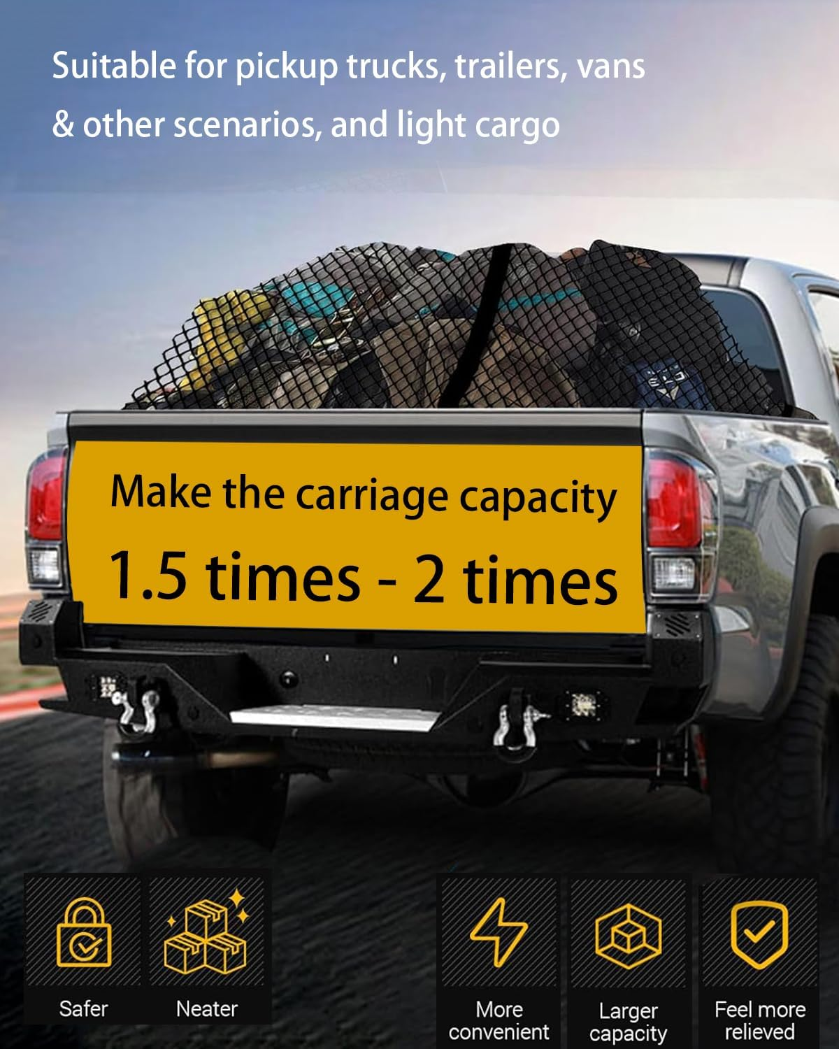 Truck Bed Cargo Net 4'X4' Expandable to 8'X8' | Heavy Duty Elastic Cargo Net for Pickup Truck Bed & SUV Roof Racks | Fits Ford Chevy Dodge Toyota Jeep Trailer with Metal Carabiners (Double-Layer Net) image number 6