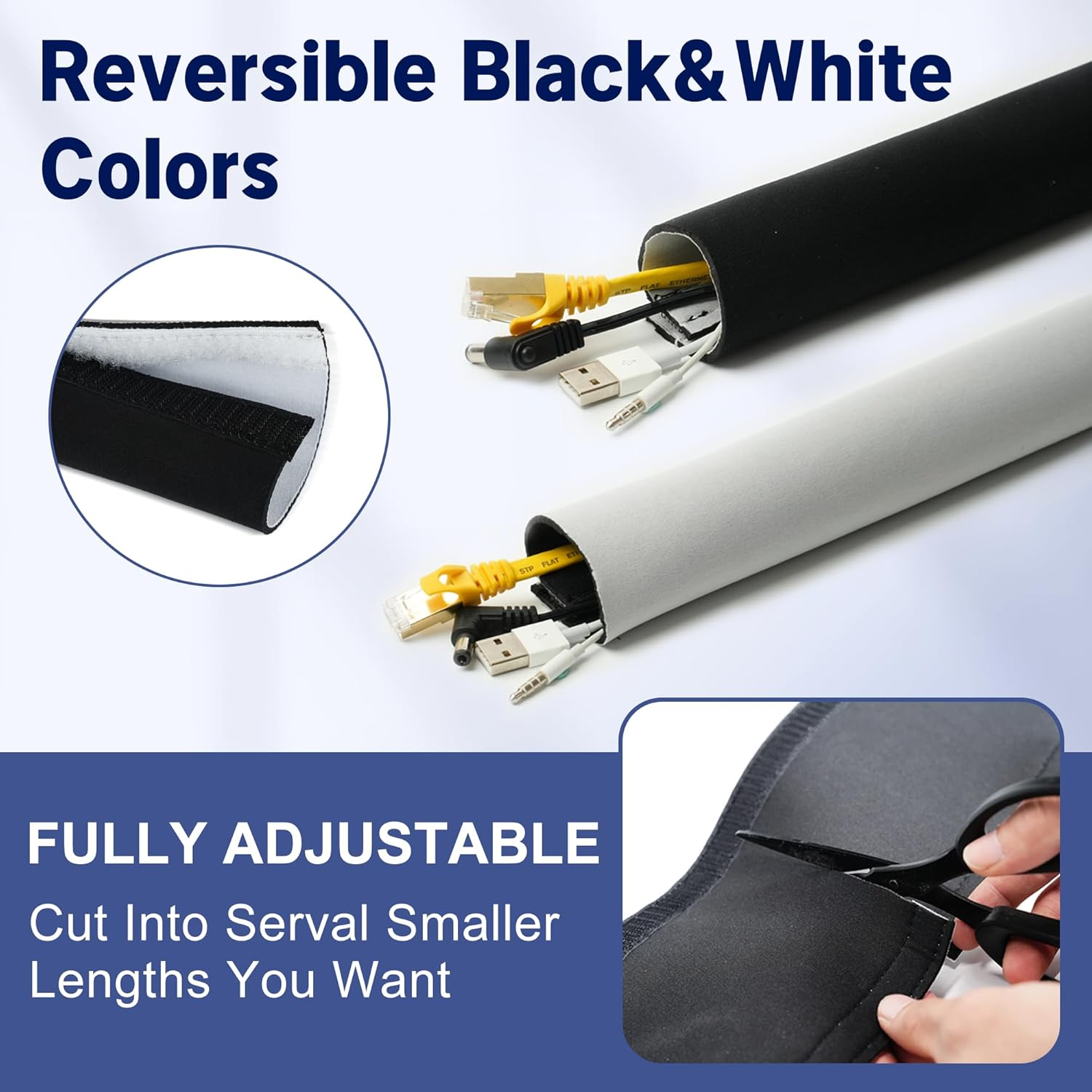 Cable Management Sleeves (12 Pack Straps Included) Neoprene Cord Organizer for TV USB PC Computer Network Wires (120 Inches) DIY by Yourself, Adjustable Black and White Reversible Wire Hider image number 6
