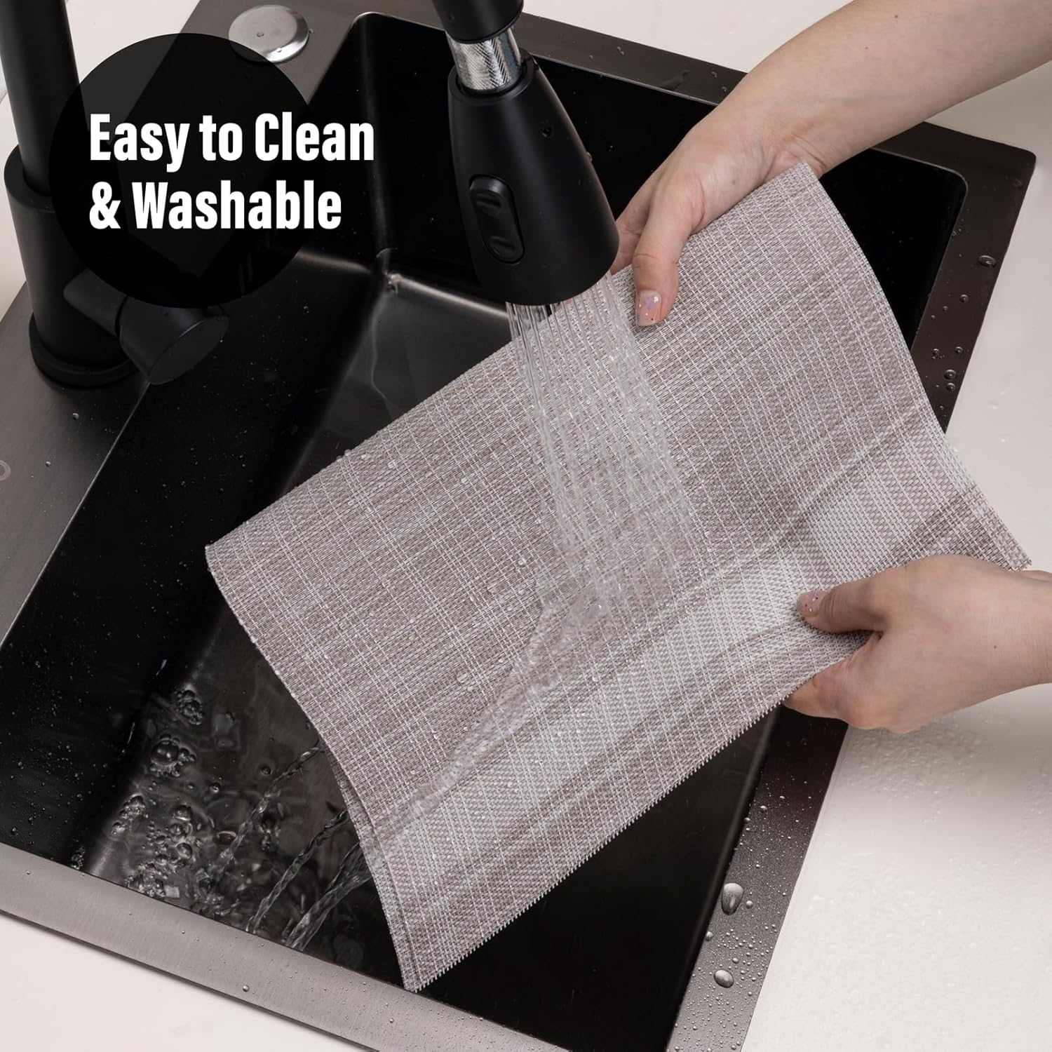 Placemats Set of 6, Heat & Stain Resistant Non-Slip Elegant Woven Vinyl Table Mats, Washable Table Mats for Dining Room Kitchen (Beige White) image number 7