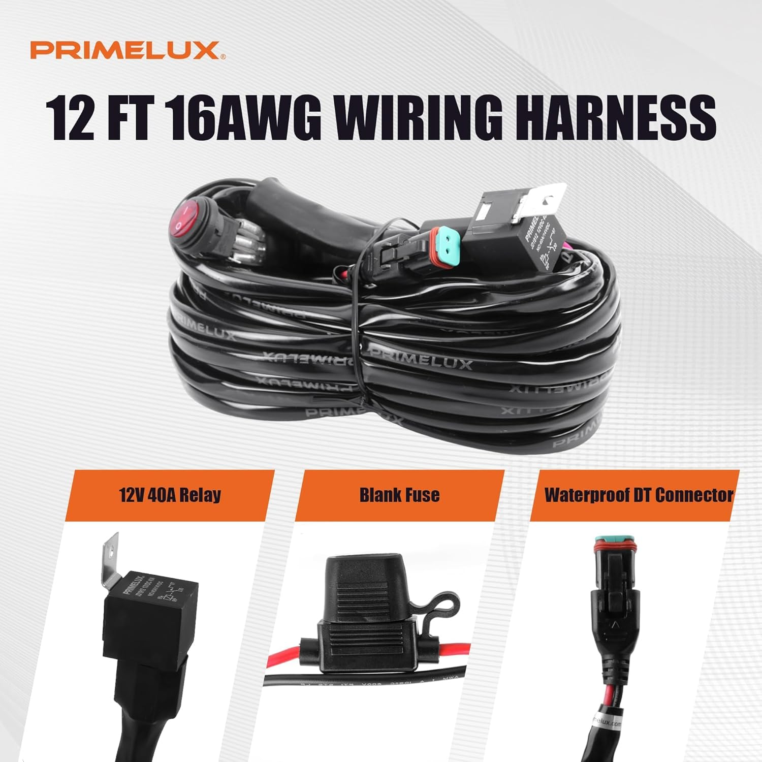 Primelux 16AWG Universal LED Light Bar Wiring Harness Kit with 40A Relay & Waterproof Switch &ndash; Compatible with Trucks, UTV, ATV, Boats (12V 0-180W, IP65, 2-Year Warranty) image number 5