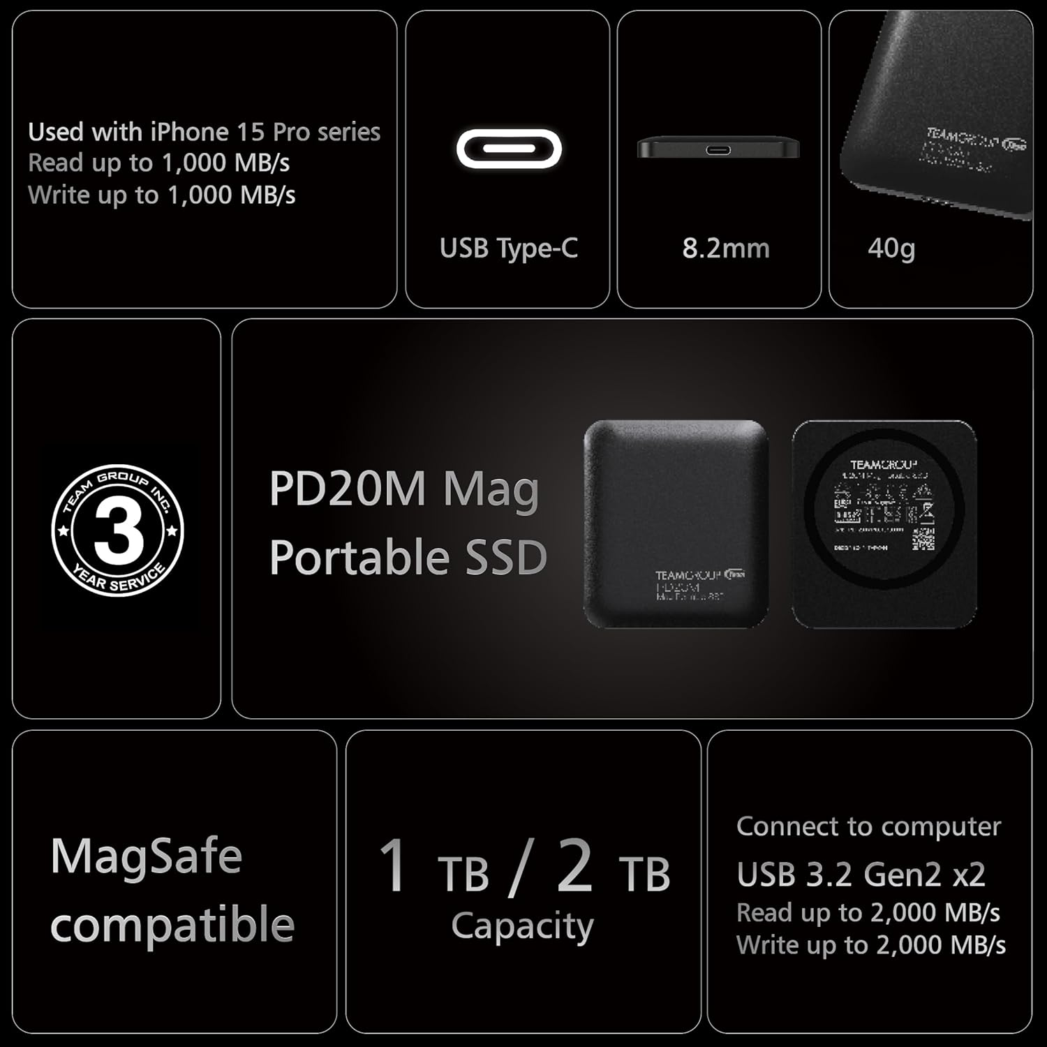 TEAMGROUP PD20M 1TB Mag Portable External Solid State Drive SSD Read up to 2000Mb/S USB 3.2 Gen 2X2 Type-C Compatible with Iphone 15/15 Plus/15 Pro/15 Pro Max TPSEG2001T0C108 image number 4