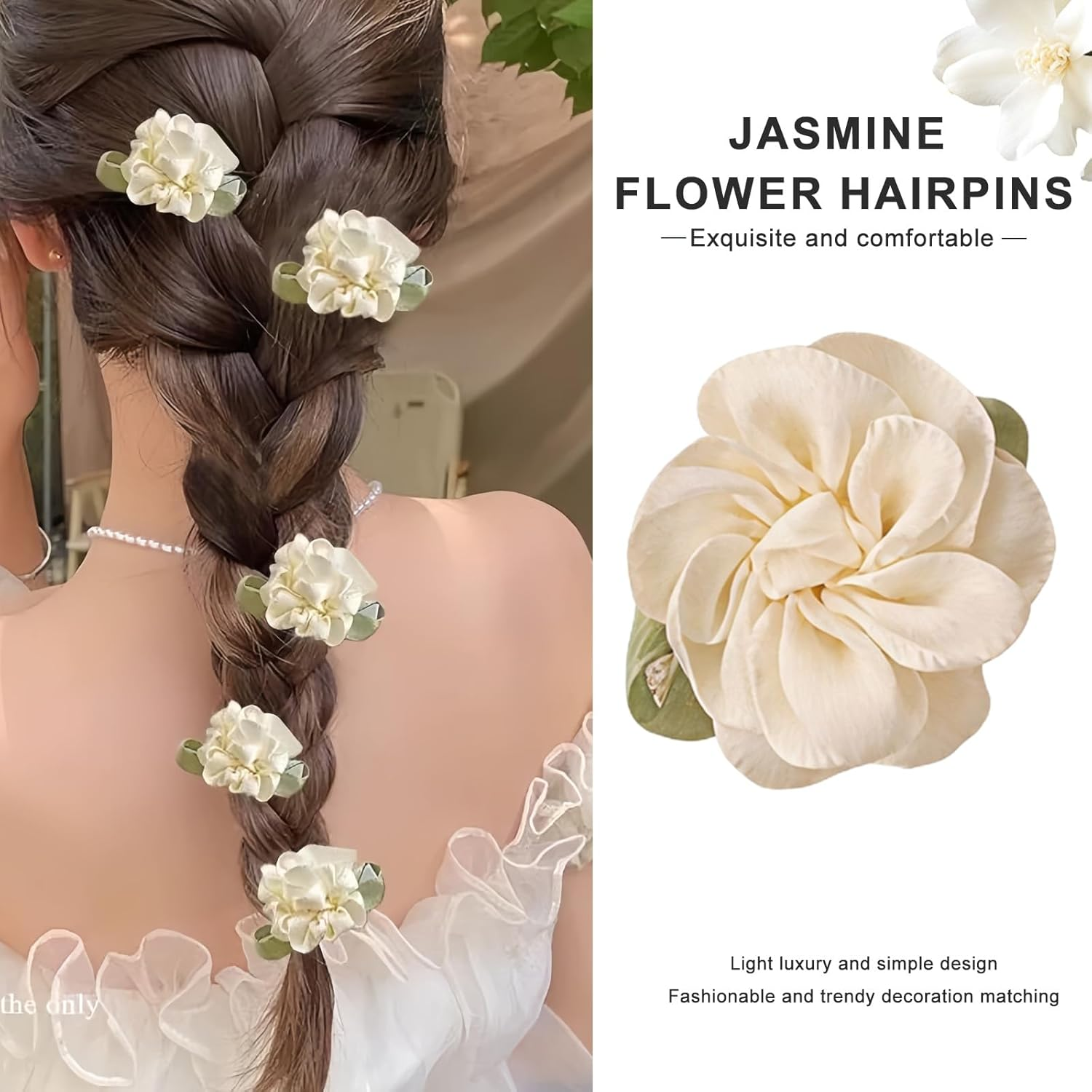 12 Pieces White Mini Rose Hair Clips Jasmine Flower Hair Clips Headdress Vintage Hair Pins for Party Wedding Daily Wear image number 5