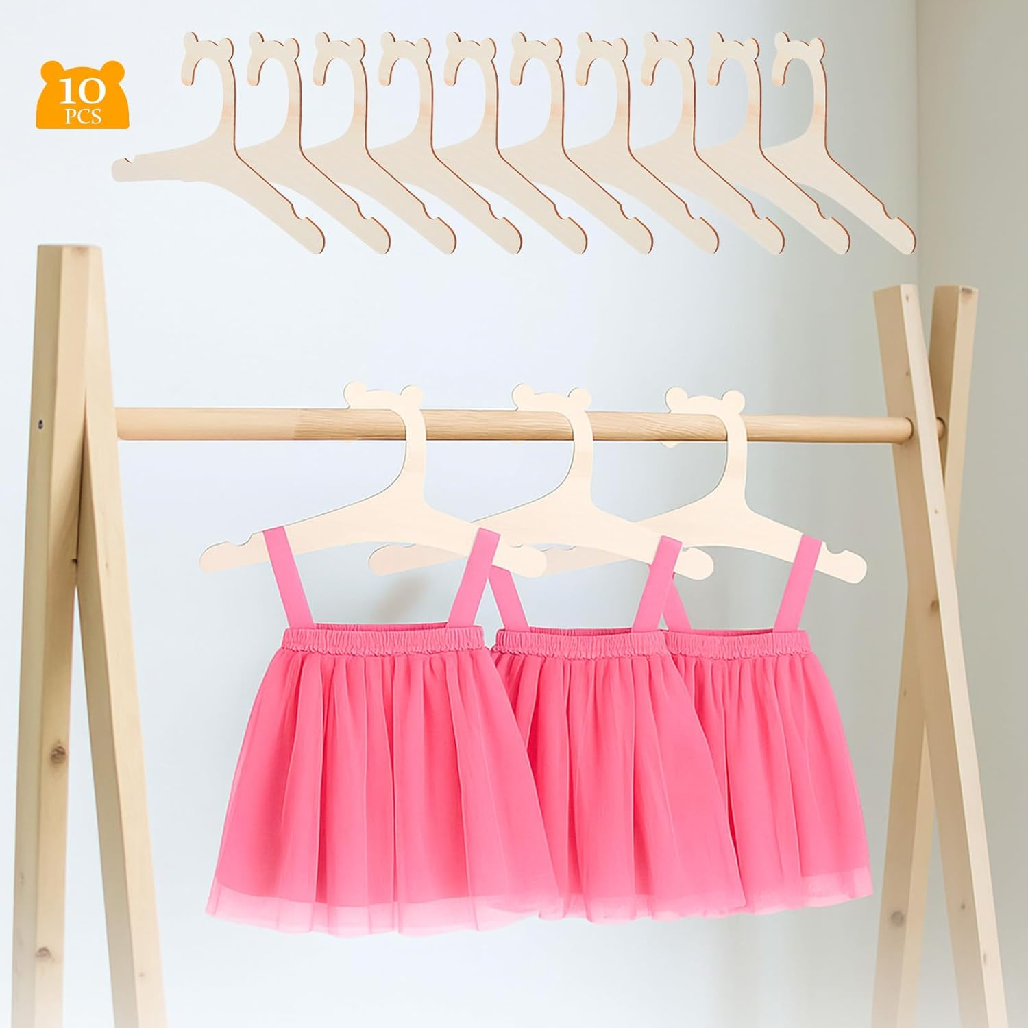 10 Pcs Wooden Baby Hangers for Clothes, 9-Inch Natural Wood Toddler Hangers with Cute Bear Ears, Anti-Slip Closet Newborn Organizer for Kids Children Girl Boy Pants Coats Suits Jackets image number 6