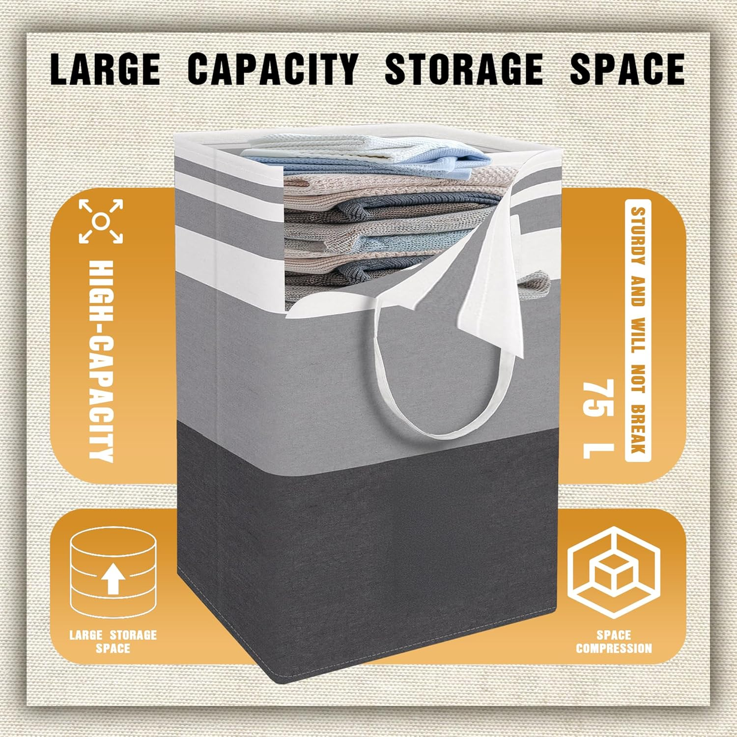 3-Pack Large Laundry Basket, Waterproof, Freestanding Laundry Hamper, Collapsible Tall Clothes Hamper with Extended Handles for Clothes Toys in the Dorm and Family（75L） image number 2