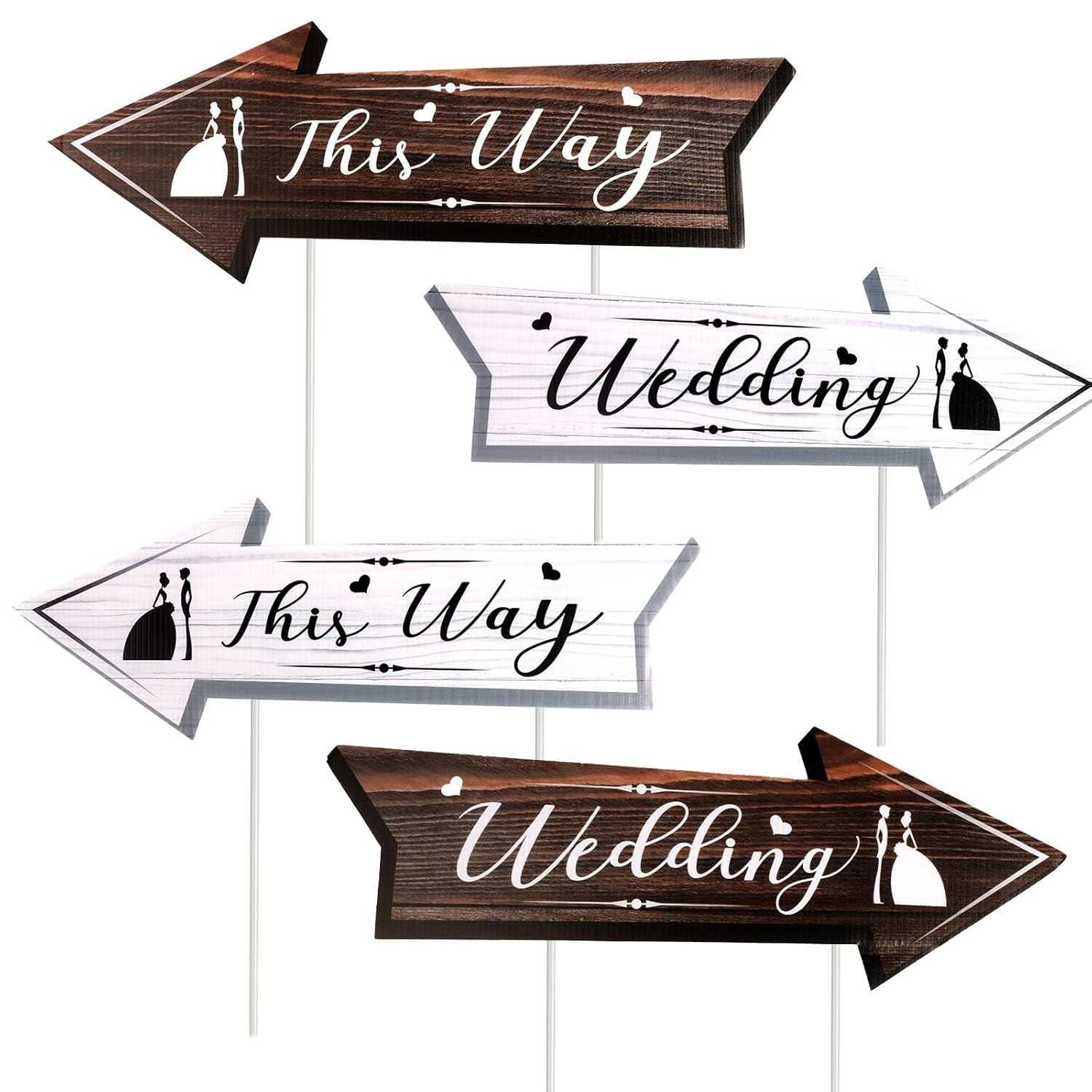 4Pcs Wedding Directional Road Sign, 17X6 Inch Wedding Yard Signs with Stakes Double-Side Printed Yard Sign Arrow Waterproof Wedding Signs for Ceremony & Reception Outdoor Road Signs image number 1
