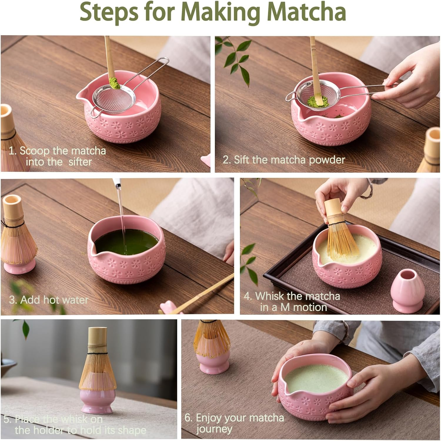 Matcha Whisk Set, Ceramic Matcha Set Includes Matcha Bowl, Matcha Whisk and Holder, Bamboo Scoop, Scoop Rest, Sifter and Tea Towel - 7 Pcs Matcha Kit for Matcha Lovers (Pink) - Mottled Green image number 6