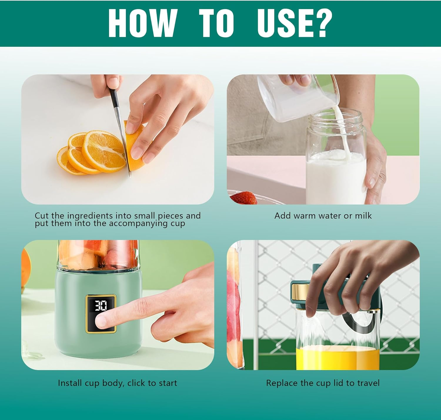 Smoothie Blender, 60W Portable Blender with LED Smart Display and 12 Food Grade Blades, USB Charging, Comes with 2 500ML Travel Mugs, BPA Free Juicer image number 4