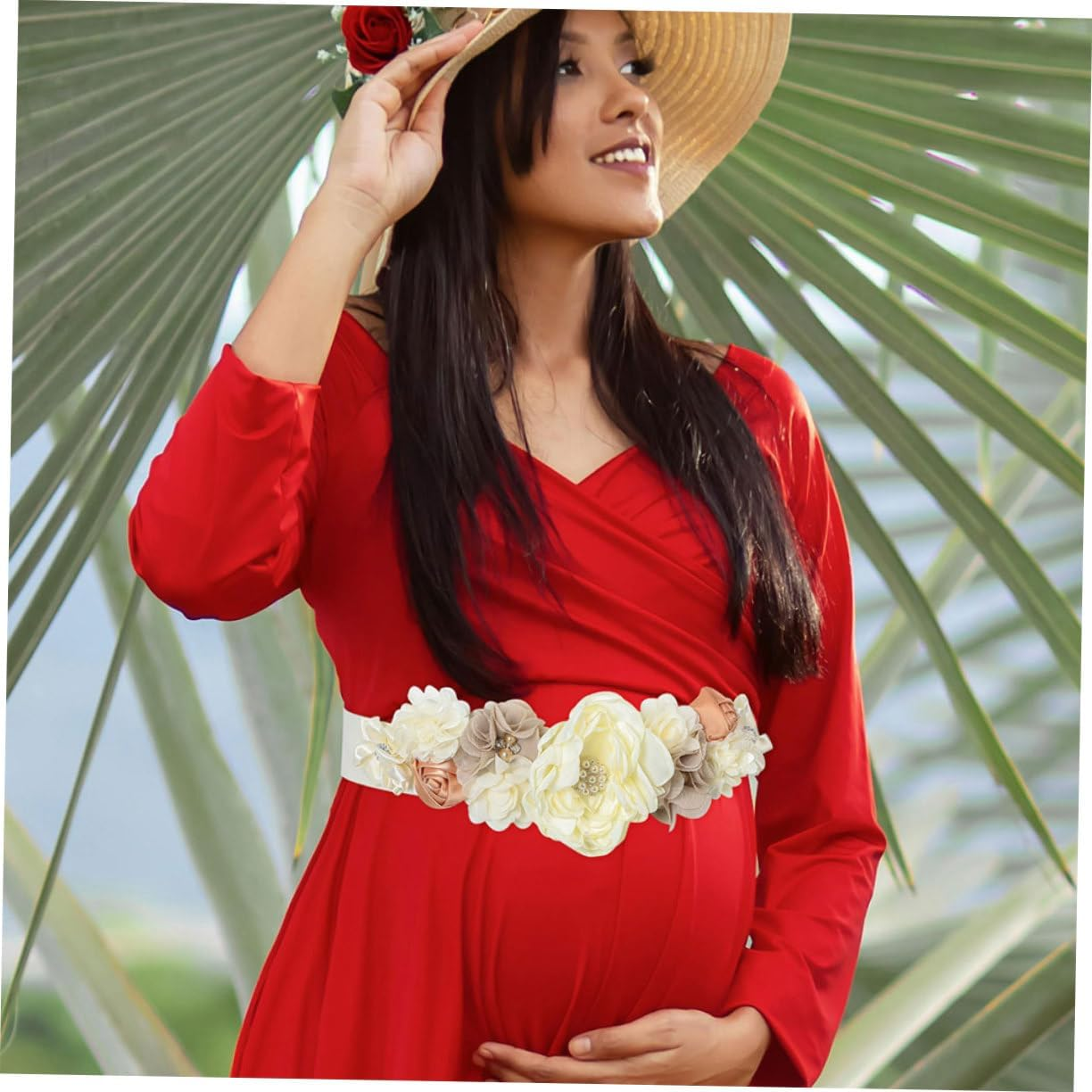 2Pcs Pregnancy Sash Belt Floral Decoration and Rhinestones for Shower Maternity Photoshoot and Gender Reveal Keepsake for Expecting Moms image number 4