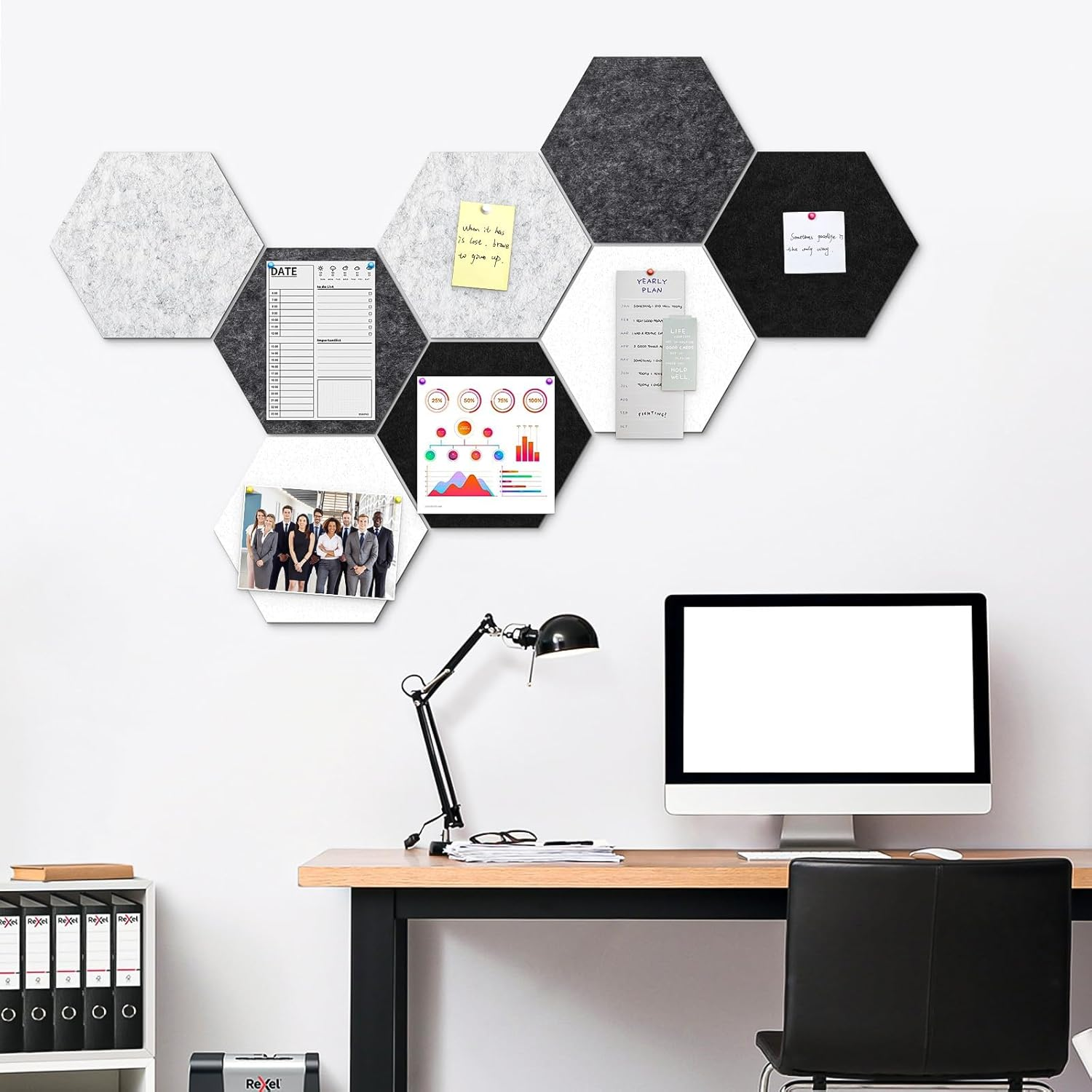 12" Large Bulletin Board with 30 Push Pins, Pack of 8 Hexagon Felt Pin Board Notice Boards for Home Office Kitchen, Felt Wall Tiles for Photos Memos-Camel Grey image number 5