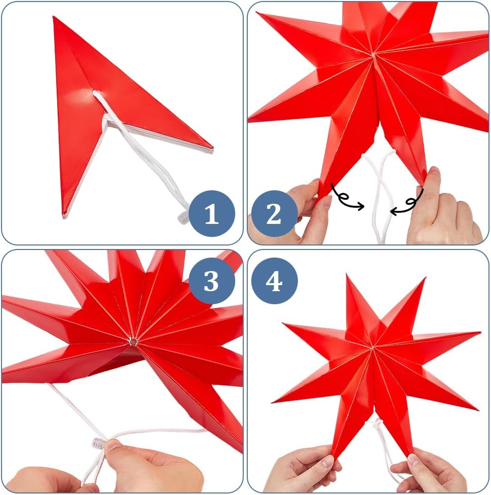 GORGECRAFT 6Pcs 3 Colors Paper Star Lanterns Gold Silver Red Nine Pointed Stars Winter Holiday Christmas Xmas Hanging Lampshade Lantern Decorations for Wedding Birthday Party Home Decor image number 5