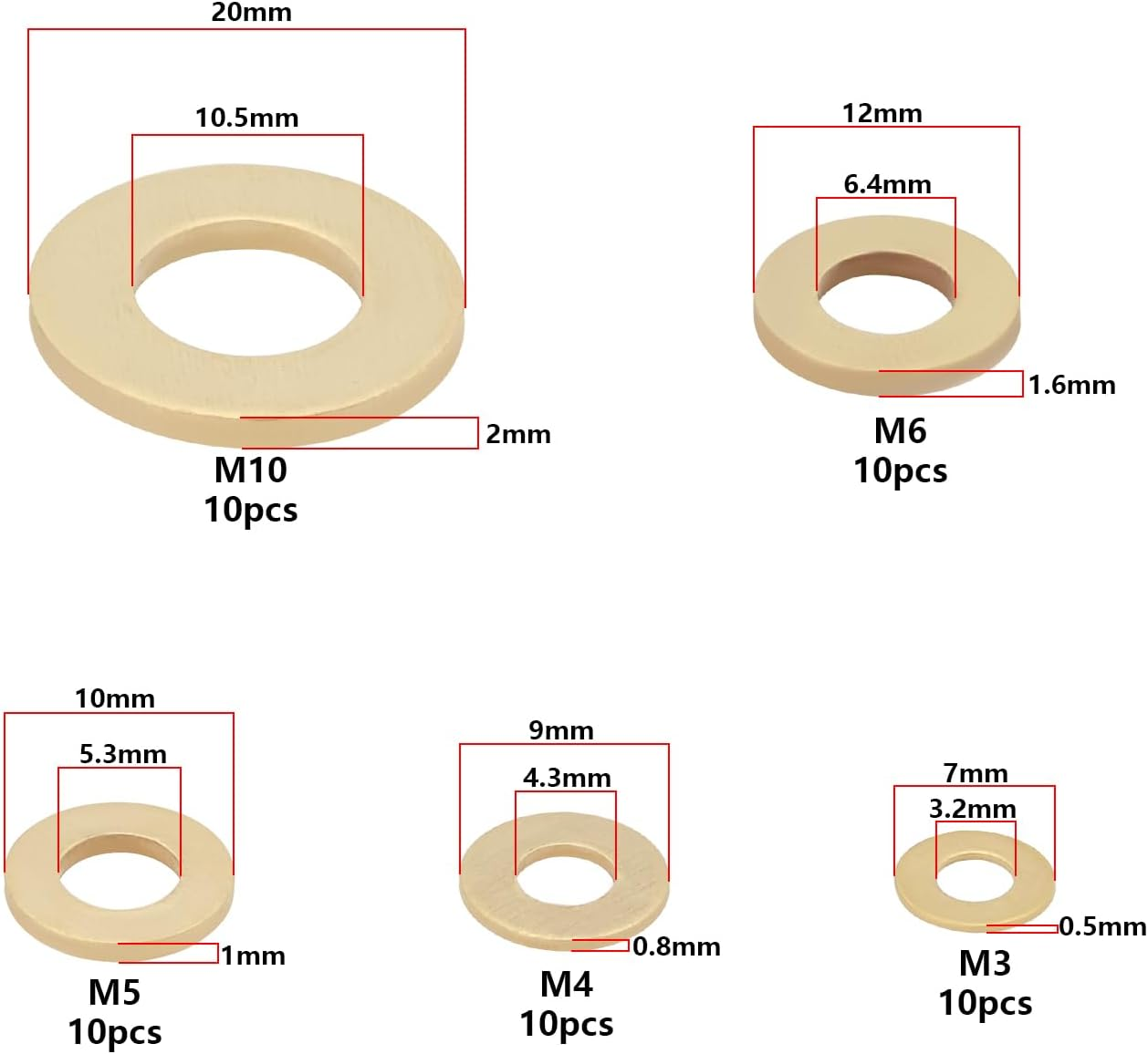 Create Idea 50PCS Brass Washer Assortment Kit M3 M4 M5 M6 M10 Metric Flat Washer Brass Flat Washer for Household Commercial Appliances Automobiles Boats image number 1