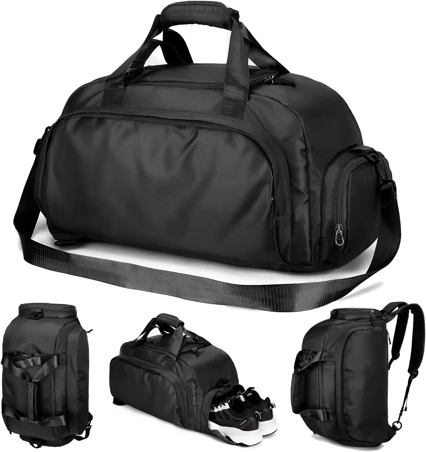 Gym Duffel Bag, Waterproof Sports Gym Bag for Men Women, Weekend Travel Bag, Folded Duffel Bag with Wet Pocket and Shoe Compartment, Sports Duffel Bag, Black image number 4