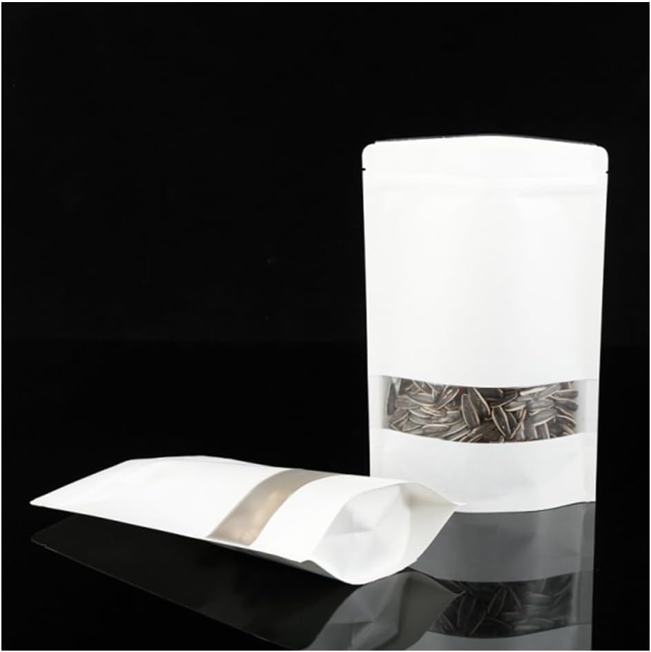 Naisfei 5.5 * 7.8In White Paper Bags,50 Pcs with Transparent Window, Kraft Paper Bags, Zipper Pouches, Reusable Stand-Up Bags, for Candy Coffee Beans Storage Tea image number 6