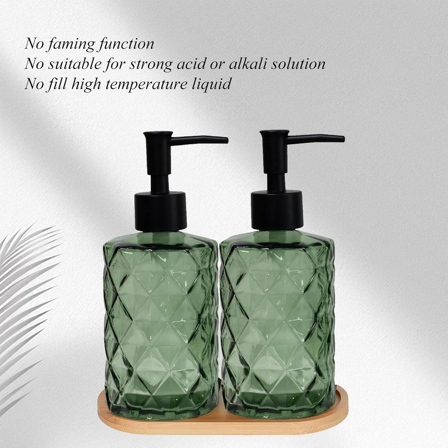 Glass Hand and Dish Soap Dispenser Set of 2 with Plastic Pumps, Bamboo Tray, 12Oz Green Bathroom Soap Dispenser with Diamond for Hand Wash & Dish Wash, Ideal for Bathroom Kitchen Countertop - Green Diamond image number 3