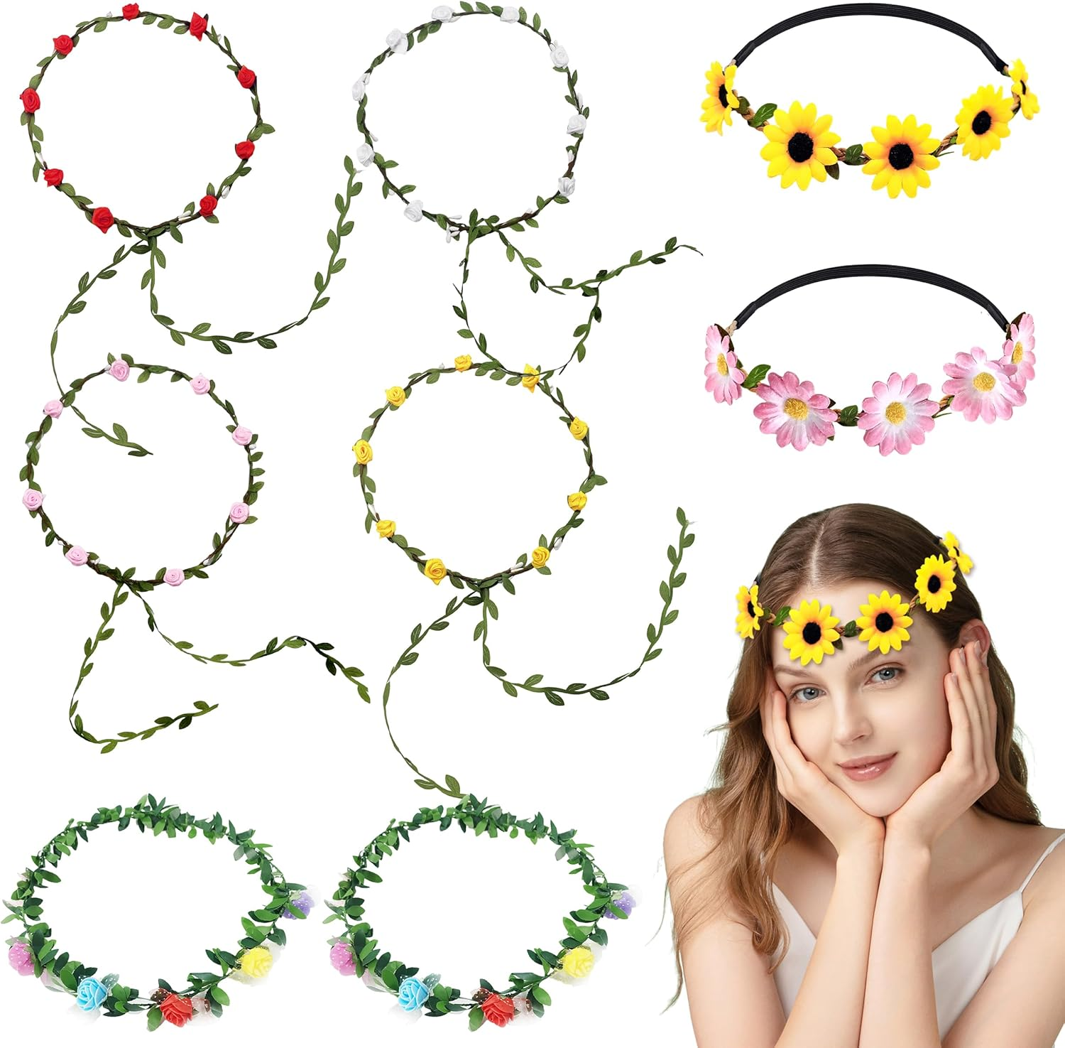 JIEYUMAO 8Pcs Flower Crown, Various Styles Artificial Floral Crown for Women, Fashion Daisy Flower Headband Floral Garland Headband Greenery Crown Bridal Hair Garland for Wedding Festival Party image number 4