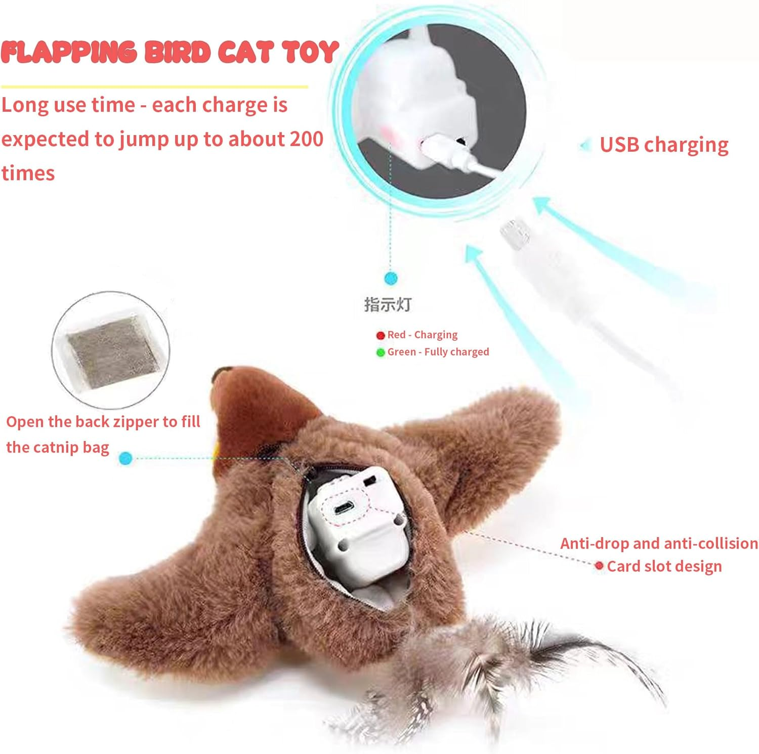 Flying Bird Cat Toy,Bird Cat Toy,Bird Interactive Cat Toys,Interactive Cat Toy,Usb Charging,Vivid Chirping Bird Chase Cat Toy,Interactive Cat Bird Toys with Feather Tail (2Pcs) image number 3