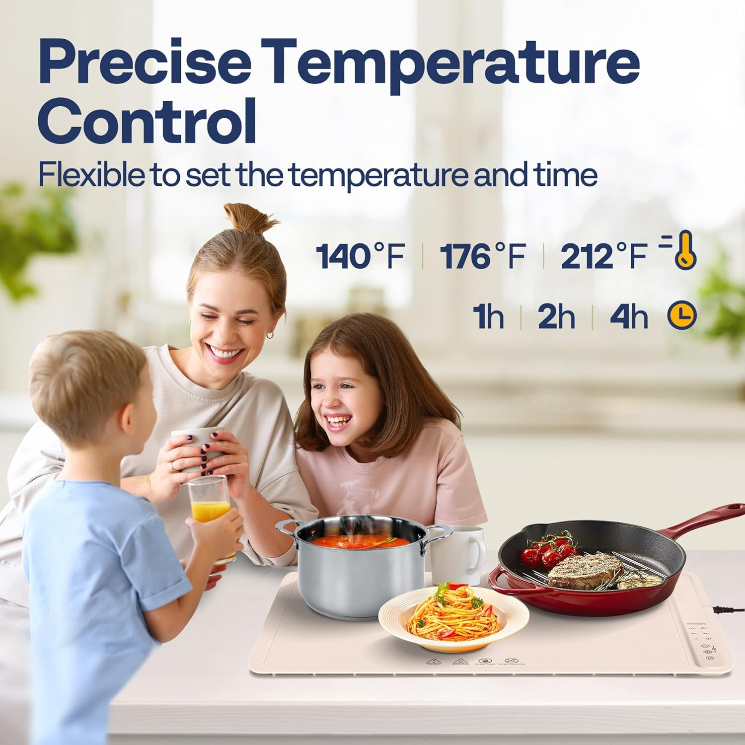 Food Warming Mat for Buffets, Full Surface Heating 3-Level Temperature and Timer Setting, Automatic Child Safety Lock, Electric Silicone Food Warmer for Parties, Gatherings, Khaki image number 2