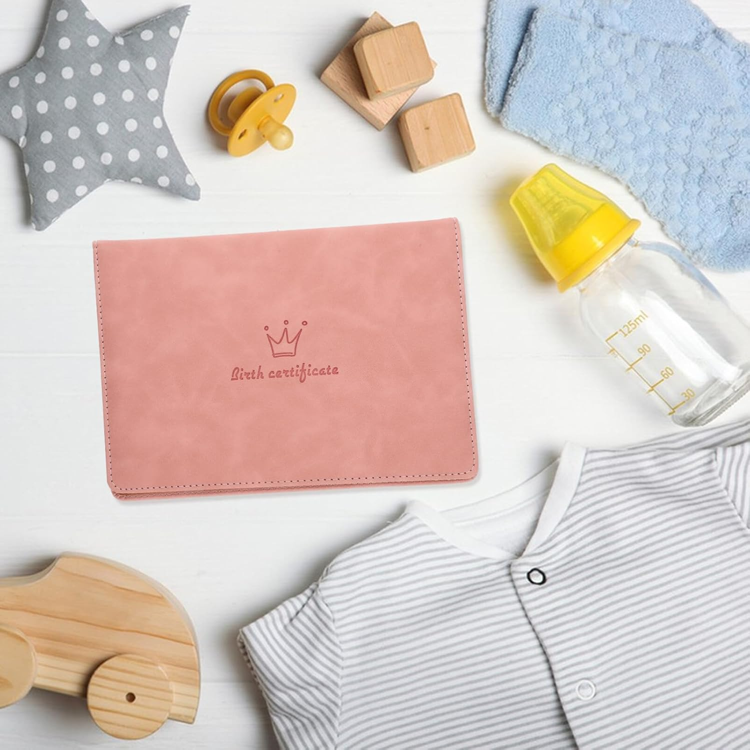 Pink Leather Birth Certificate Protector - Baby Birth Certificate Holder with Cartoon Patterns, 8.84X6.29In, Keepsake Storage for Important Documents image number 1