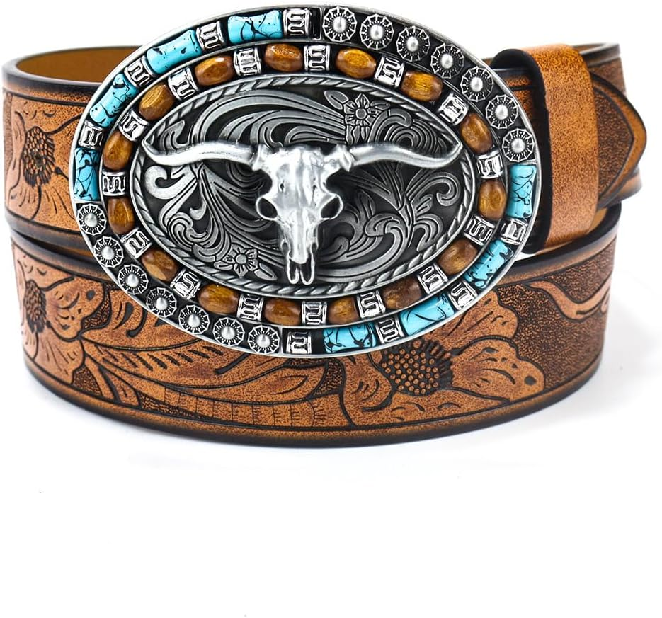 Utaly Western Cowboy Cowgirl Leather Belts - Women Men Turquoise Embossed Waist Belts with Longhorn Bull Buckles