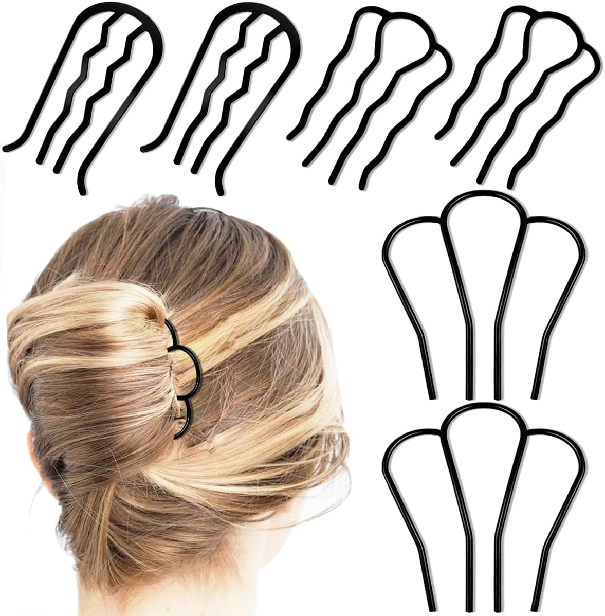6 Piece Metal Hair Side Combs & Forks, U Shape for Vintage Updo Bun Hairstyles, Hair Accessories (4 Styles) image number 1