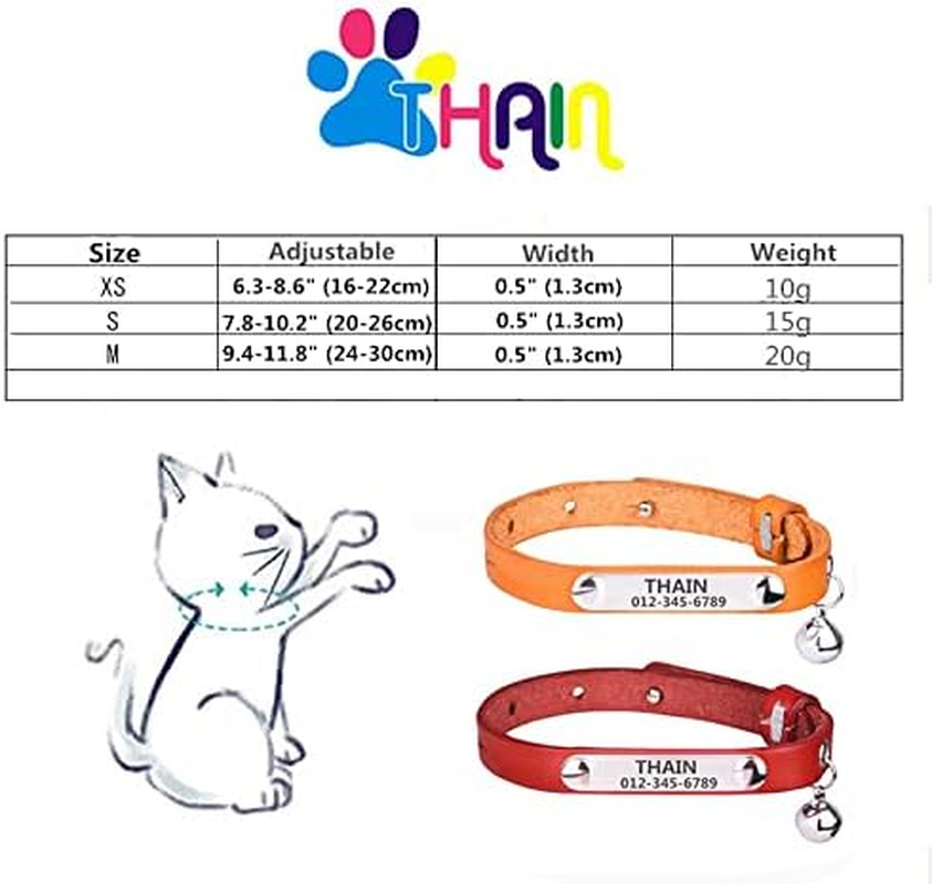 THAIN Cat/Kitten Collar Personalized Genuine Leather with Bell,Custom Nameplate 2Pack (Xs(Neck 6.3-8.6"), Orange+Red) image number 4