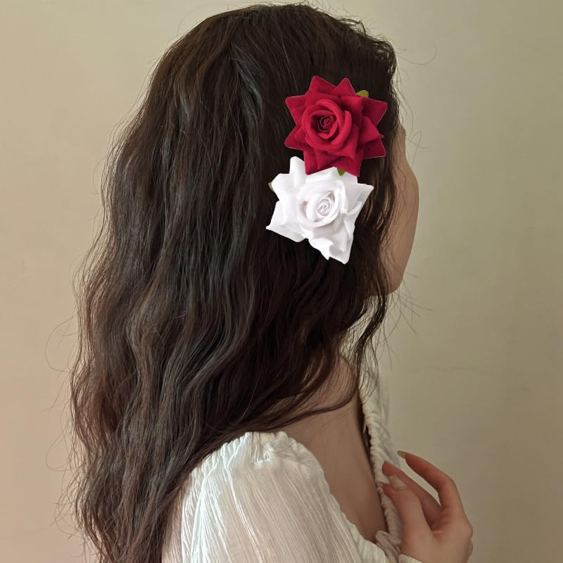 Elegant Floral Hair Accessories for Women Rose Hair Clip with Duckbill Hairpins Perfect Hairclips for Bridesmaids Flower Girls Weddings Birthday Parties Hair Accessory Red & White