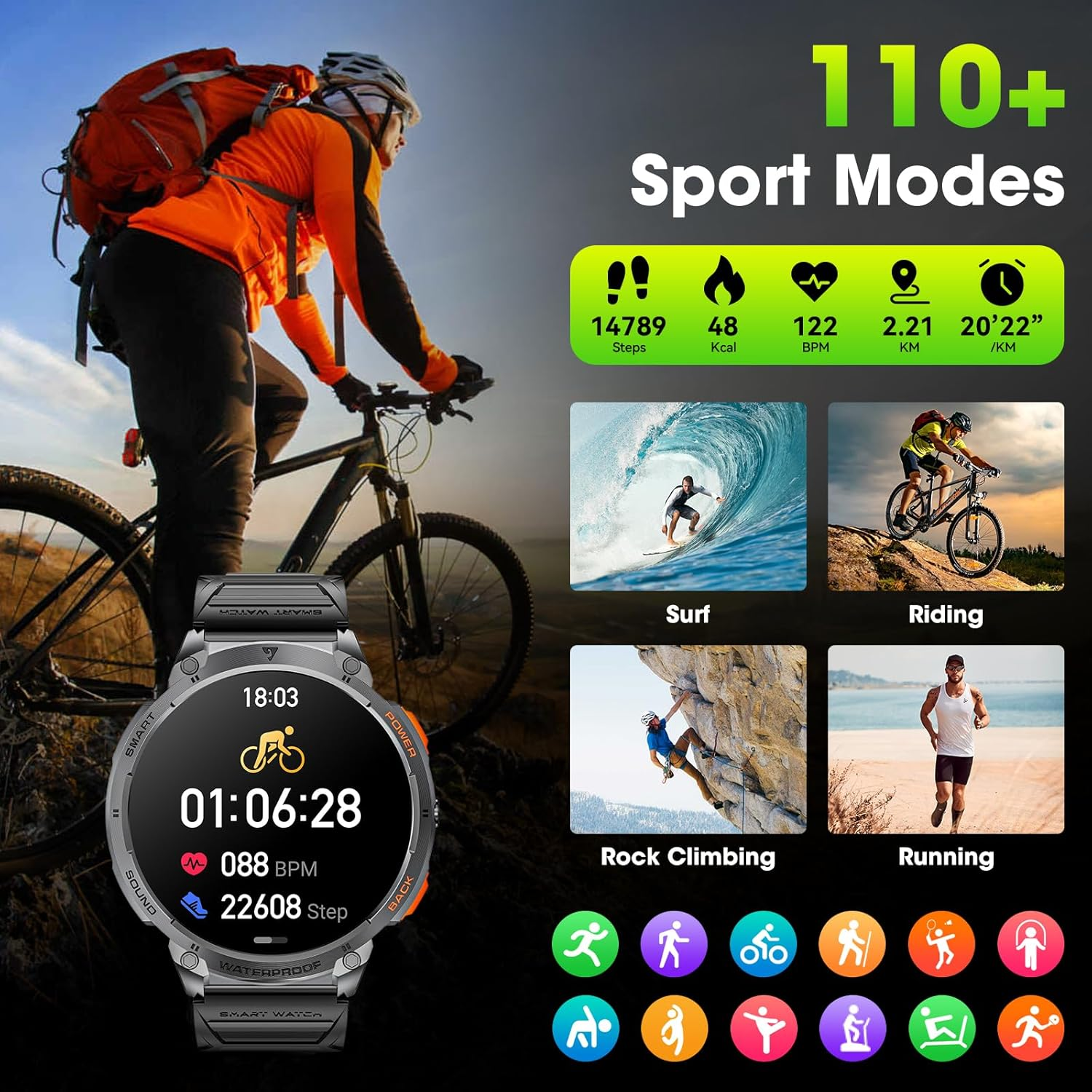 Military Smart Watches for Men, 1.85" HD Large Screen Smart Watch, Flashlight/730Mah/110+ Sports Modes Fitness Tracker Watch, Waterproof Mens Smart Watch for Android Phones Iphone Compatible image number 4