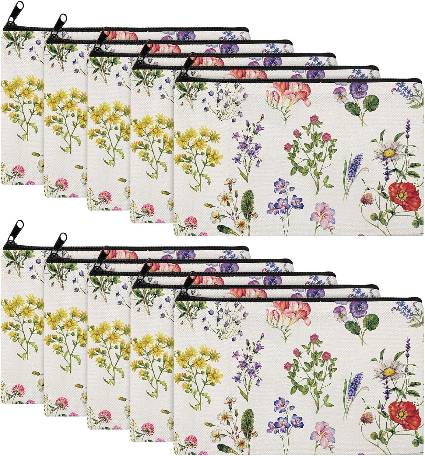 Chunful 10 Pieces Inspirational Canvas Makeup Bags for Women Bulk Rainbow Canvas Makeup Bags Cosmetic Bag with Zipper Friendship Gift Travel Toiletry Bag Pouch, White, Tree Style - Vintage Wildflowers