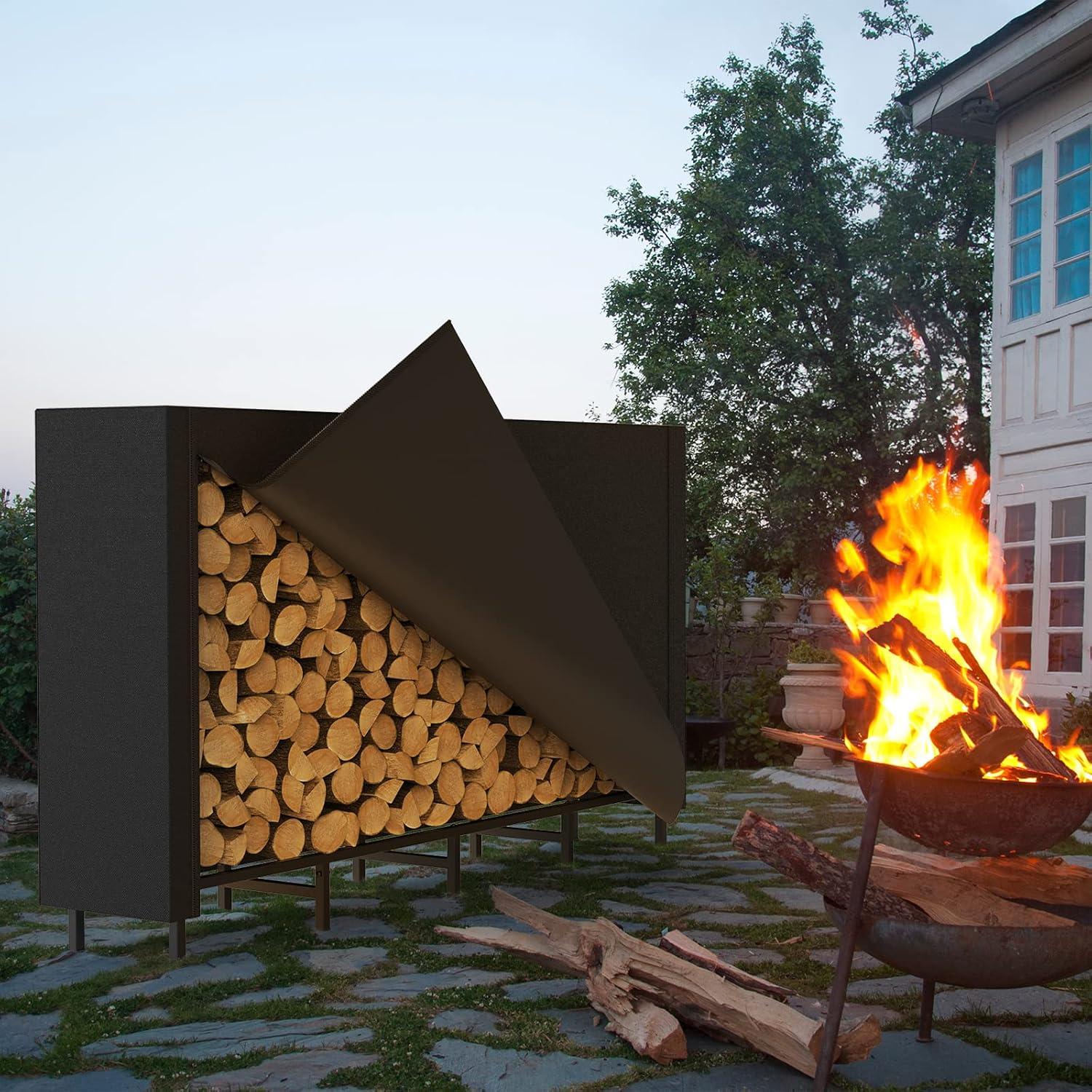 CADUKE Firewood Log Rack with Cover 5.3Ft Outdoor Waterproof Storage Fireplace Holder for Fire Wood Indoors Adjustable Heavy Duty Rack, Black 500D Oxford Fabric PVC Backing LT-K170 image number 2
