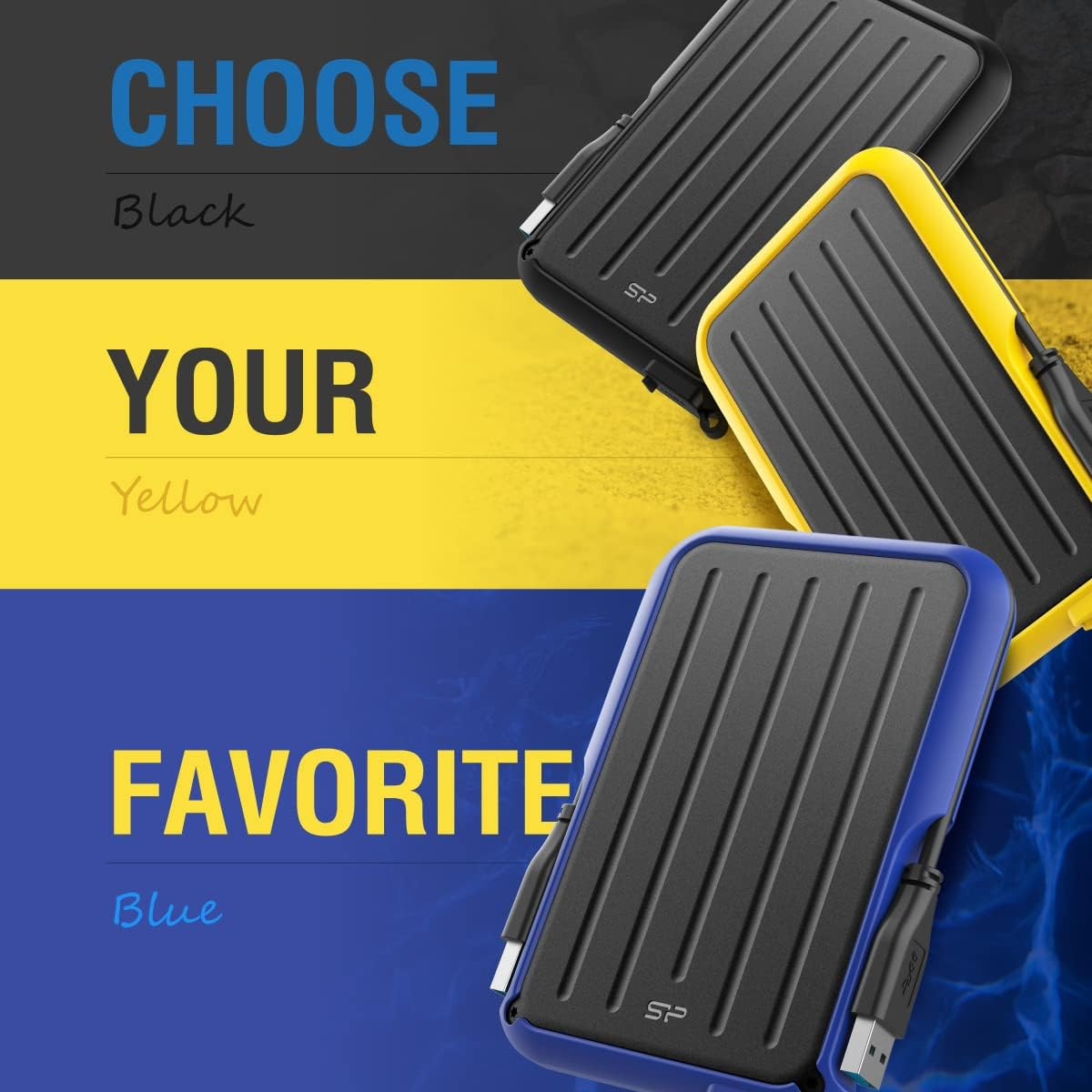 Silicon Power Armor A66 2TB Rugged External Hard Drive, Military-Grade Shockproof Water-Resistant USB 3.0 Portable HDD for PC Mac Laptop Computer - Yellow - Black, 1Tb image number 4