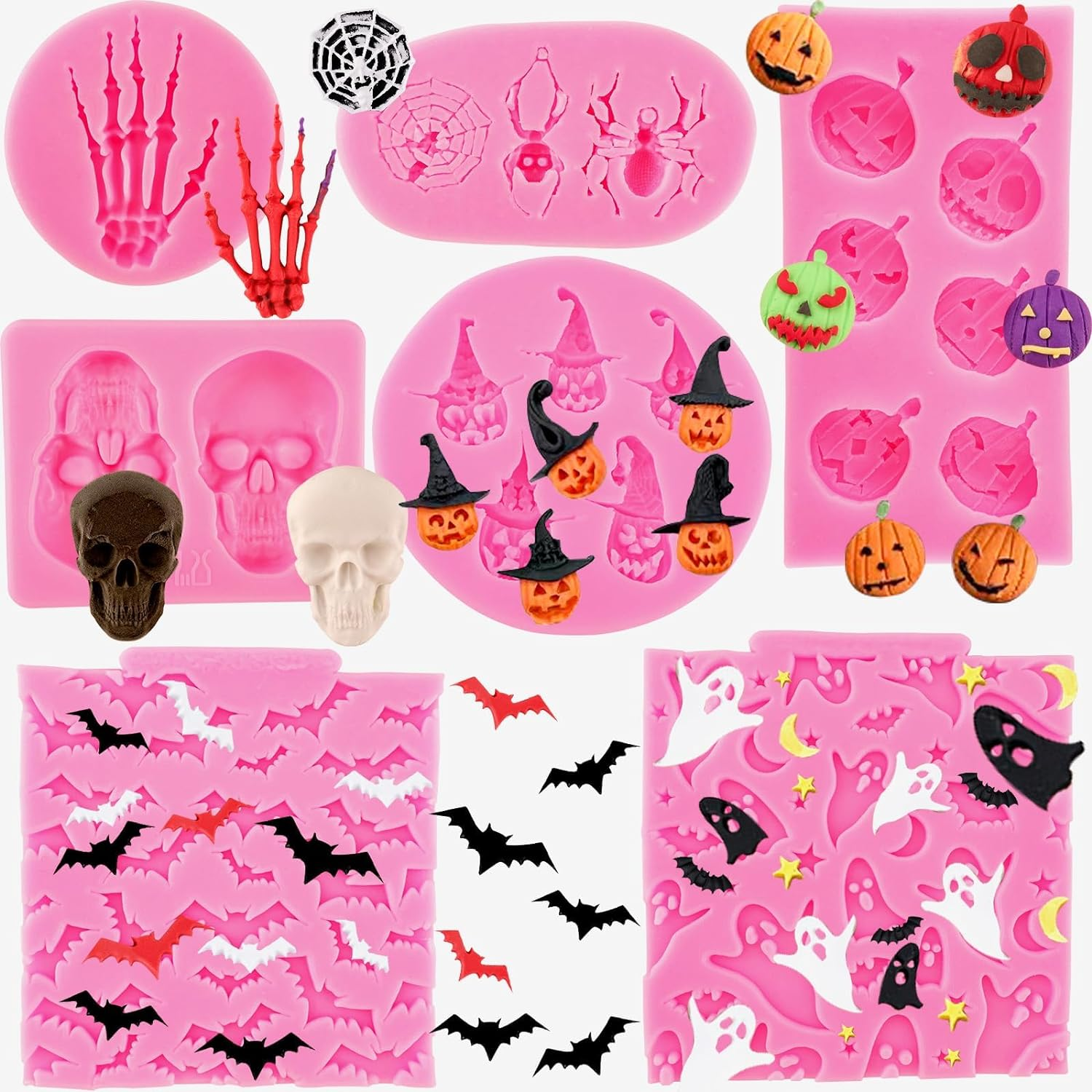 Halloween Molds Silicone Pumpkin Skull Spider Batskeleton Hand Bat Ghost for Chocolate Candy Fondant Polymer Clay Cupcake Gummy Cake Decorating image number 2