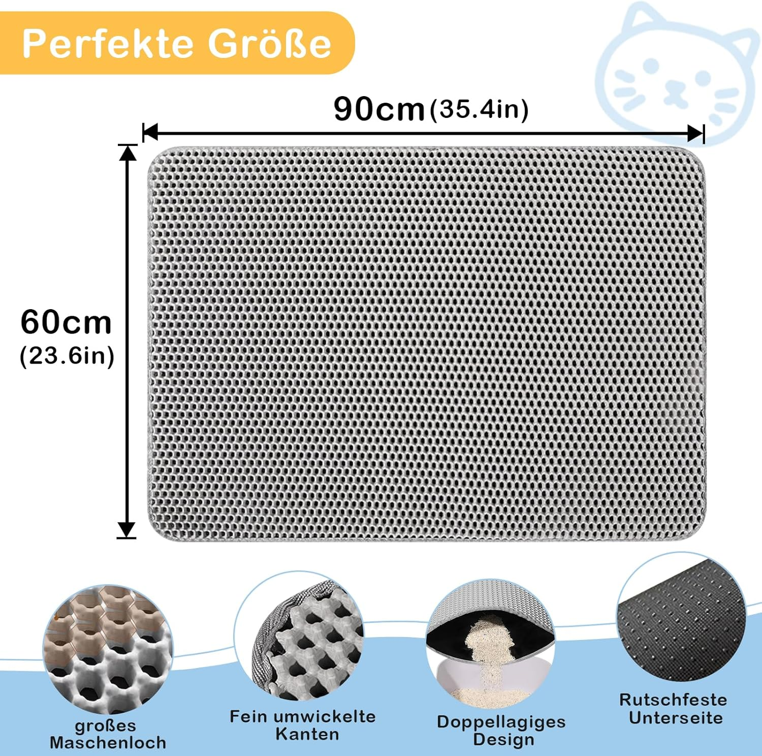 Phantasy Cat Litter Tray Mat 60 X 90 Cm, Grey Cat Litter Mat, Honeycomb Design Mat, Waterproof Double Layer Design, Honeycomb Mat, Cat Litter Tray Mat