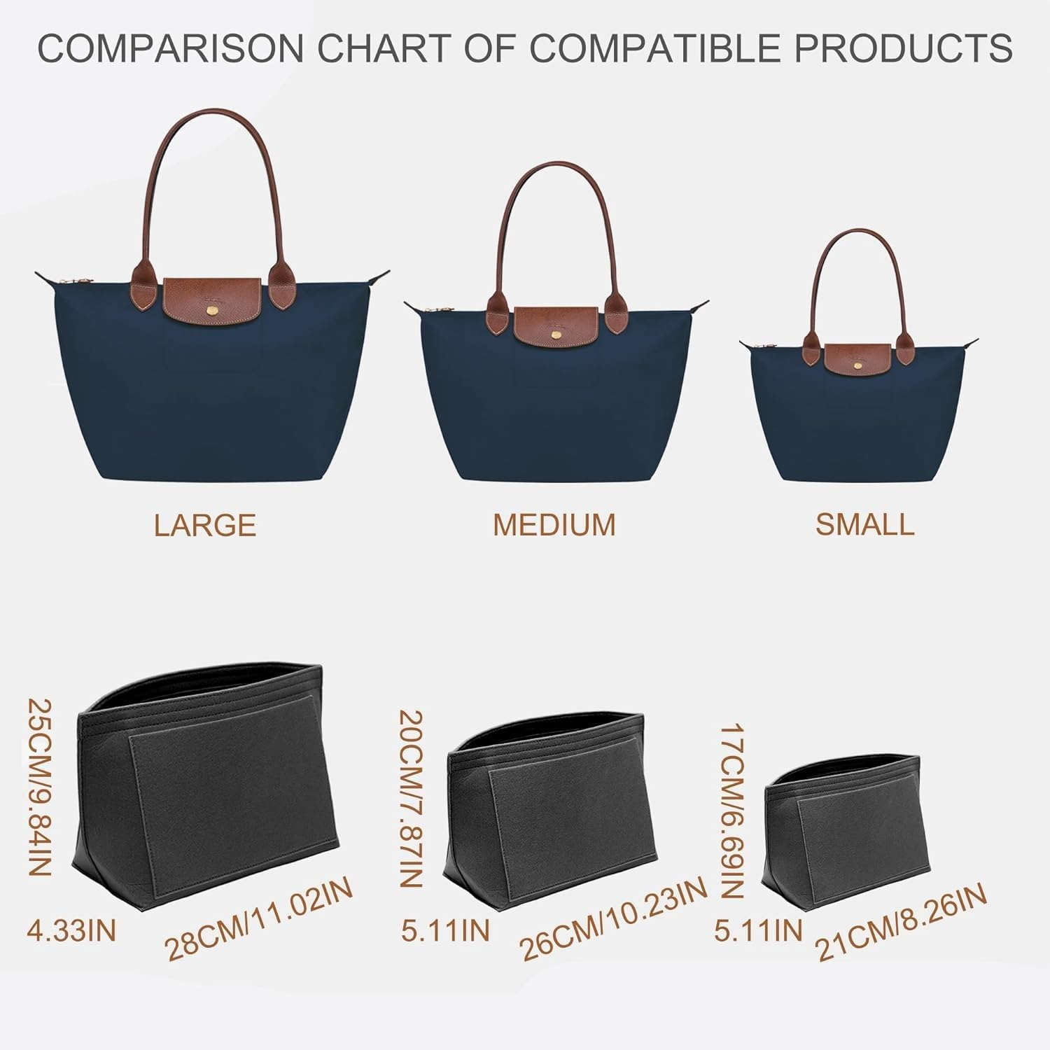 DAFROH Purse Organiser, Multi-Pocket Felt Handbag Organiser, Folding Tote Bag Organiser Insert for Insert Wallet Organiser for Longchamp (Black, Medium) image number 4