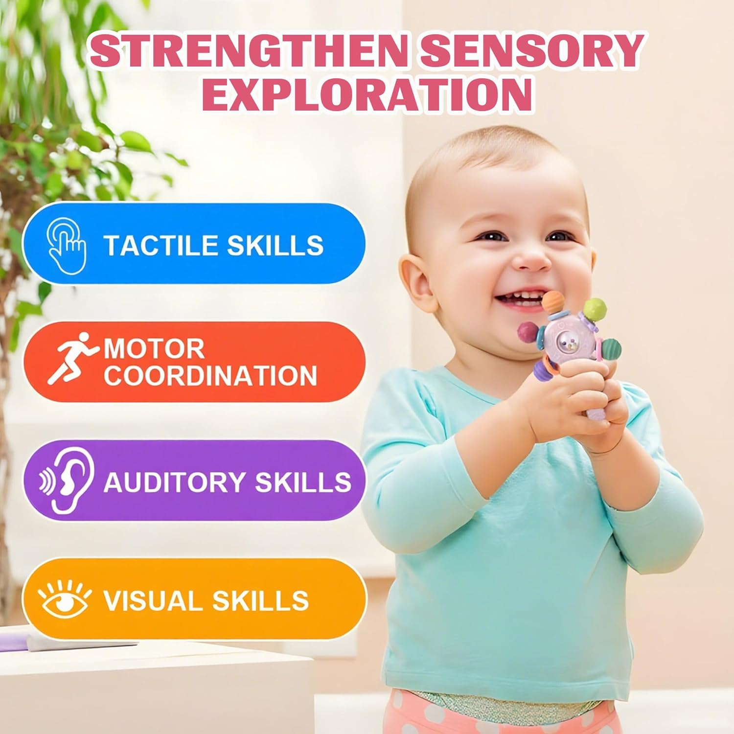 Baby Teether - Soft Silicone Baby Montessori Sensory Teether Toy- Chew Teether Toy for Babies - BPA Free Teething Sensory Rattle- Freezable Infant Soother Toy,Easy to Hold,Portable Rattle for Early Learning Education(Pink) image number 5