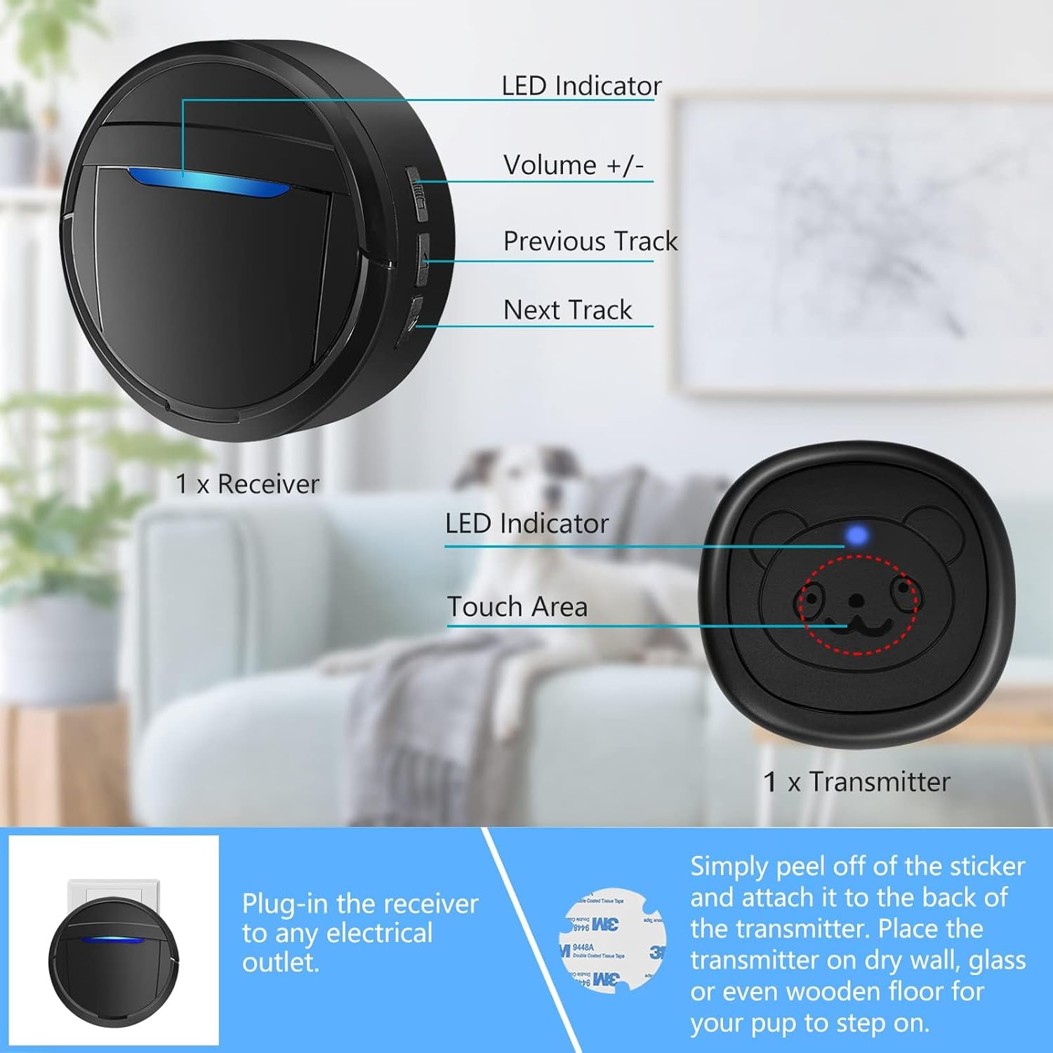 Whimsii Wireless Dog Doorbell, Ring Bell to Go Outside, IP55 Waterproof Buttons, 55 Melodies, 4 Volume Levels & 950Ft Range (Black, 1 Receiver 1 Transmitter) image number 1