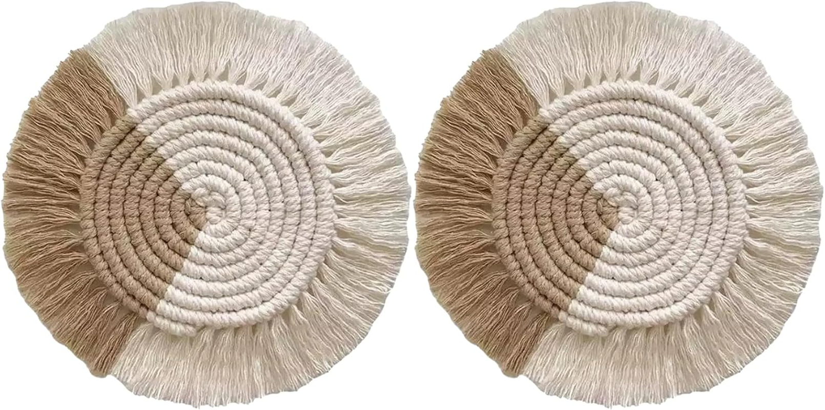 CENZICOM Boho Woven Macrame Coasters, Absorbent Drink Coasters for Desk, Set of 2, Farmhouse Home Decor (Khaki-Whitex2)