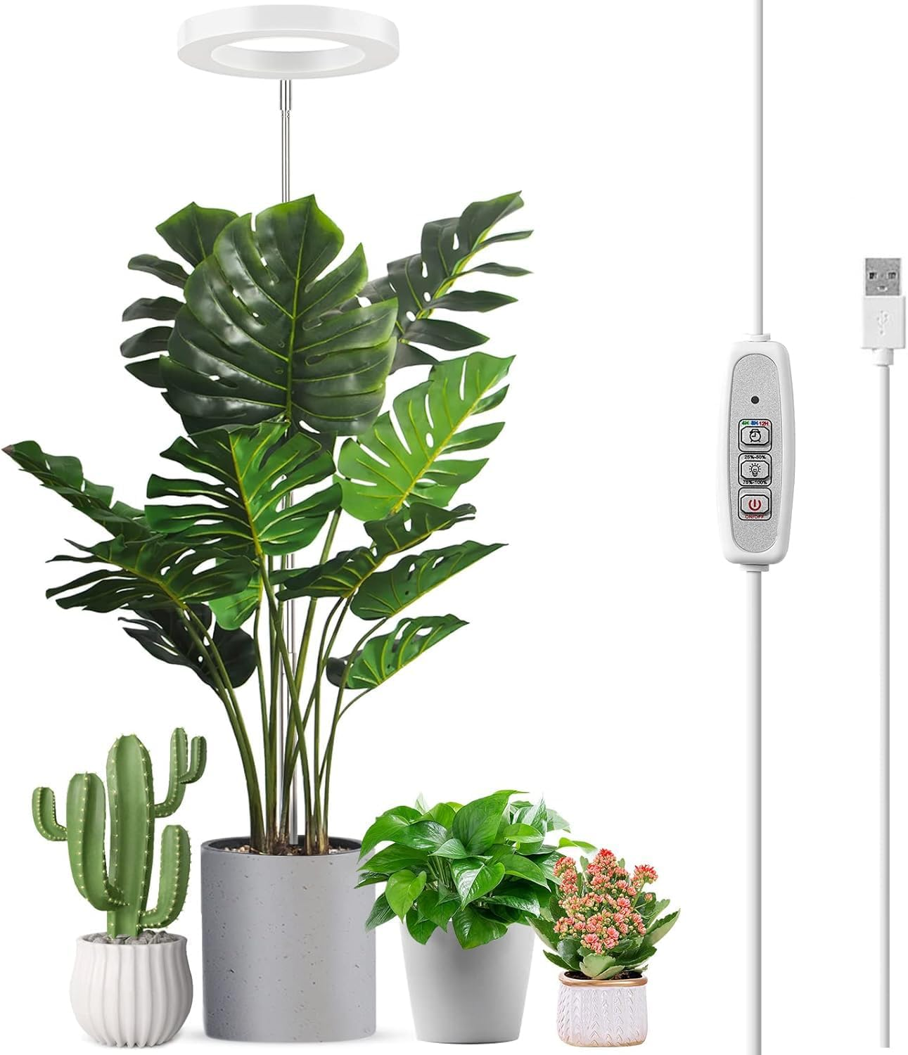 LED Grow Light for Indoor Plants, Ceiling LED Halo Plant Light Full Spectrum, 3/9/12H Timer, 4 Brightness Levels, 5V Growing Lamp Growing Lamp,Ideal for Small Plants (3-In-1)