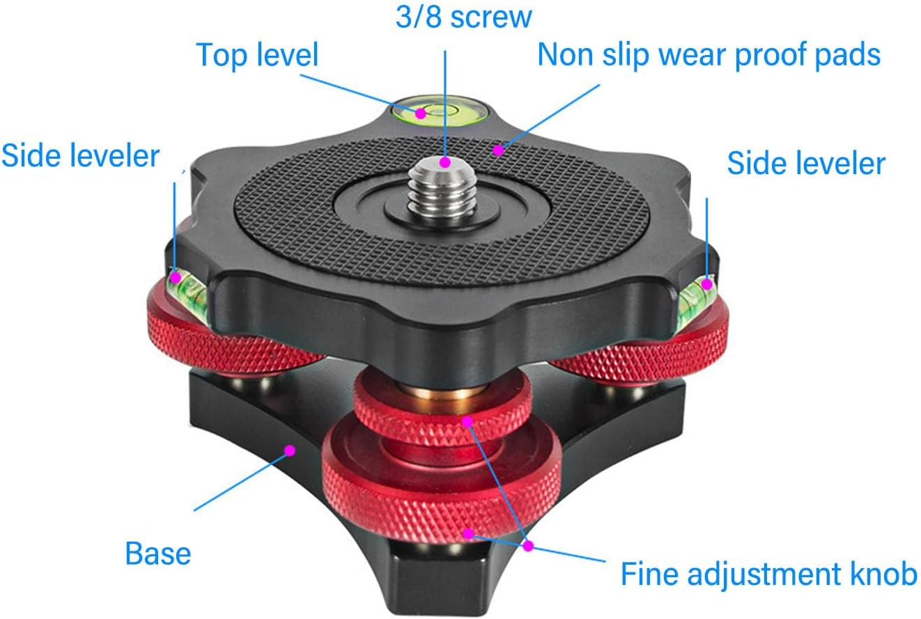 Tripod Head Leveling Base, Aluminum Alloy Triple Wheel Leveler Base with 3/8 Inch Thread, Camera Leveler Base with 3 Bubble Levels for Macro Panoramic Photography image number 1