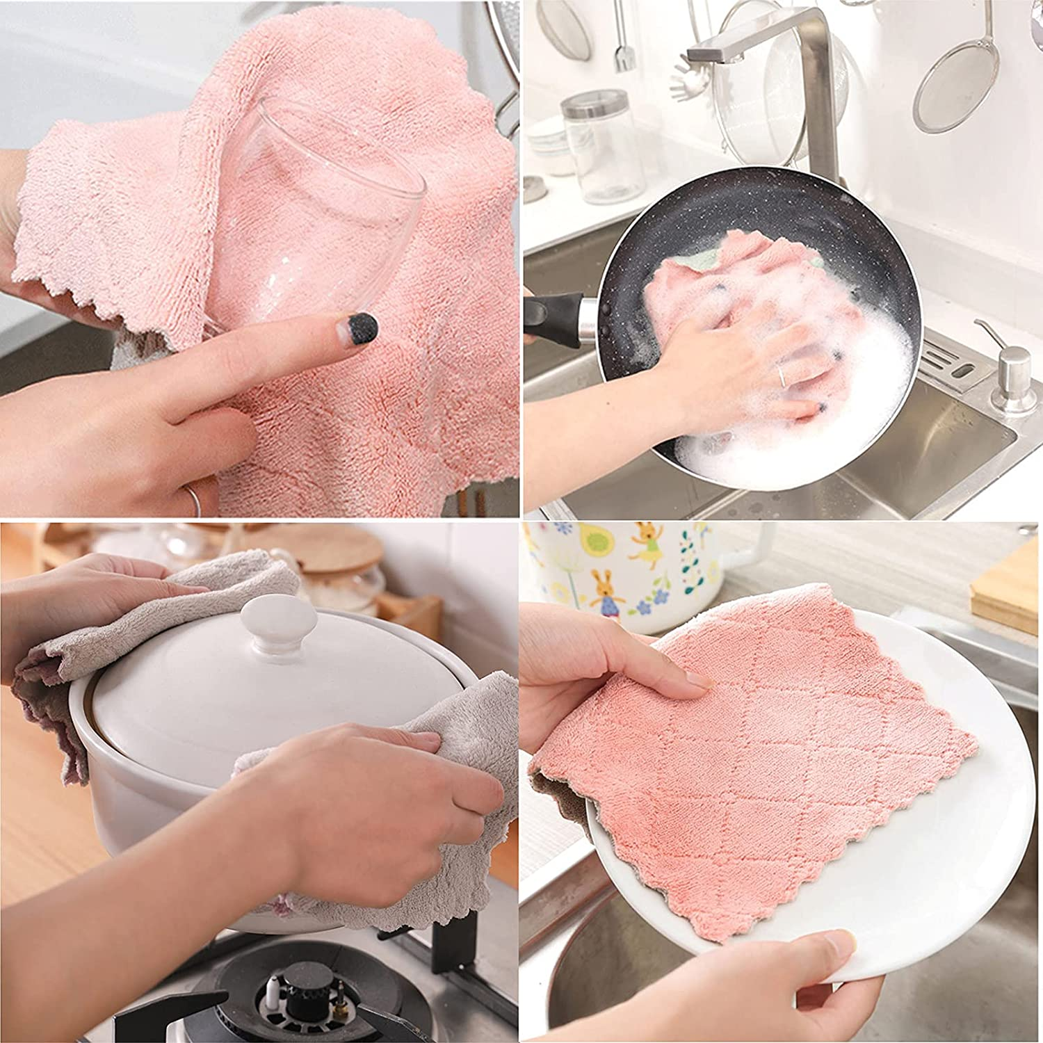 12 Pack Kitchen Towels Quick Dry Washcloths, Coral Velvet Dishtowels Multipurpose Reusable Dish Cloths, Soft Tea Towels Absorbent Cleaning Cloths Double-Sided Microfiber Towel Lint Free Cleaning Rags. - Pink image number 2