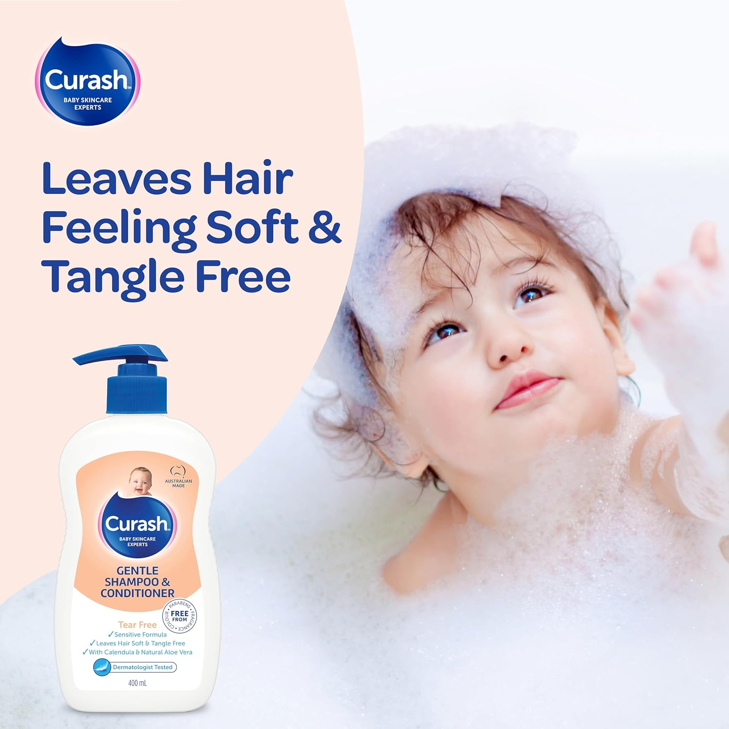 Curash Gentle Shampoo & Conditioner, 400Ml - Tear Free, for Sensitive Skin, Hypoallergenic with Calendula Oil and Aloe Vera, Free from Parabens, Colour and Fragrance - for Newborns and Toddlers image number 2