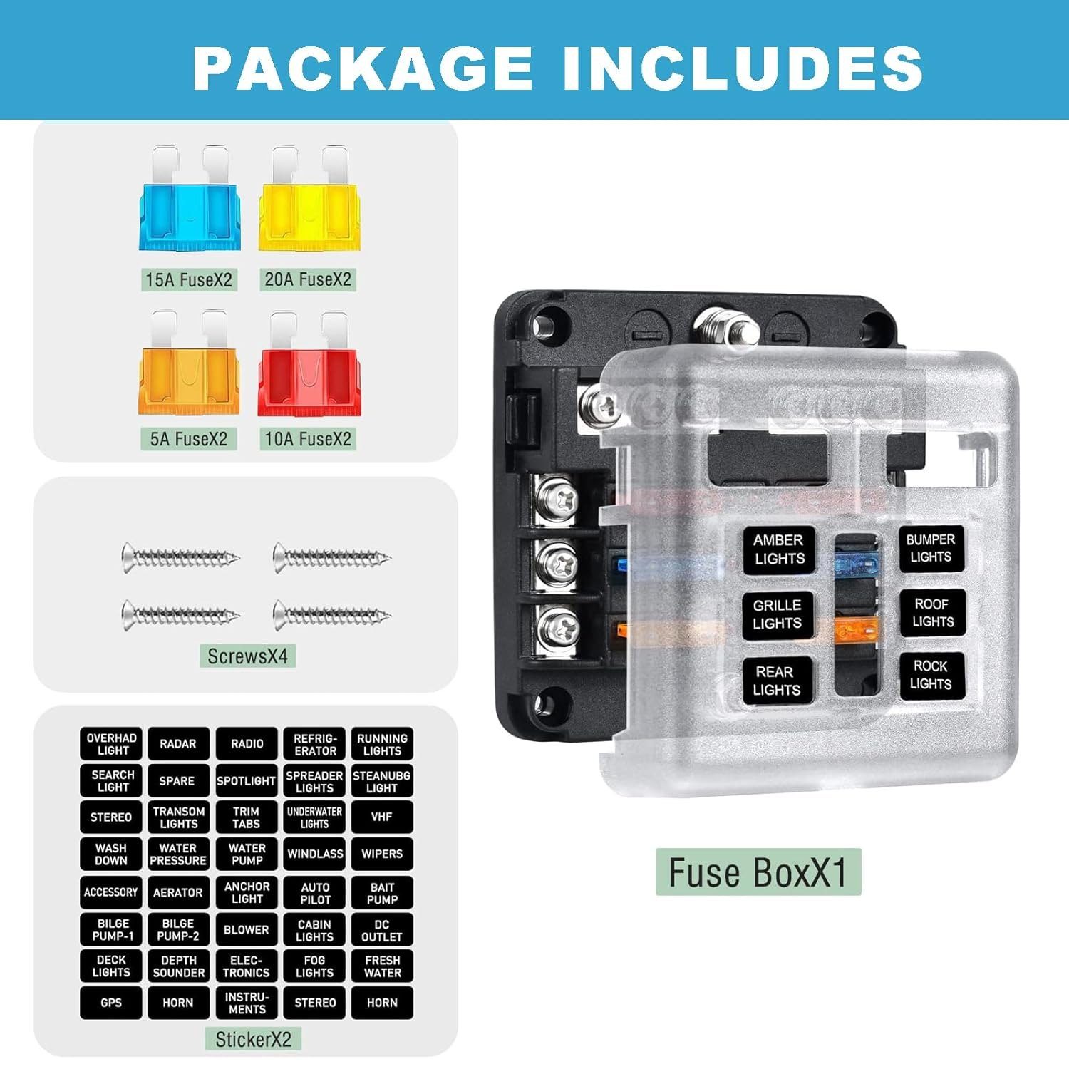 MAEZOE 6 Way 12V Fuse Box with LED Indicator, Heavy Duty Waterproof Blade Fuse Panel with Label Stickers & Negative Bus, for Car Marine RV Truck Boat DC 12-24V image number 1