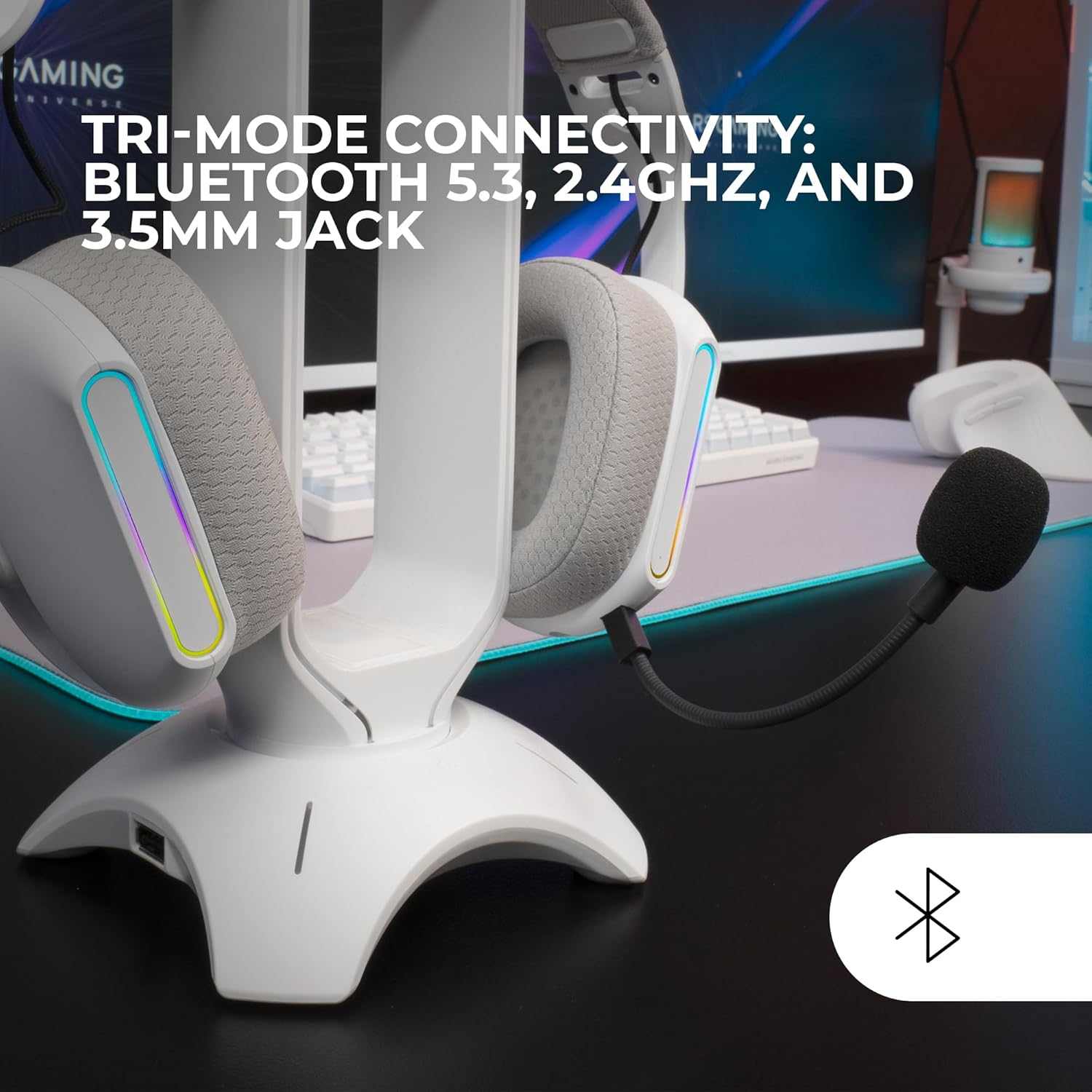 MARSGAMING MHW-PRO Wireless Gaming Headset ARGB Flow, 3D Surround Sound 7.1, Bluetooth 5.3 + 2.4Ghz + 3.5 Mm Jack, Ultralight Ergonomic Design, Dual Microphone, Multiplatform, White image number 4