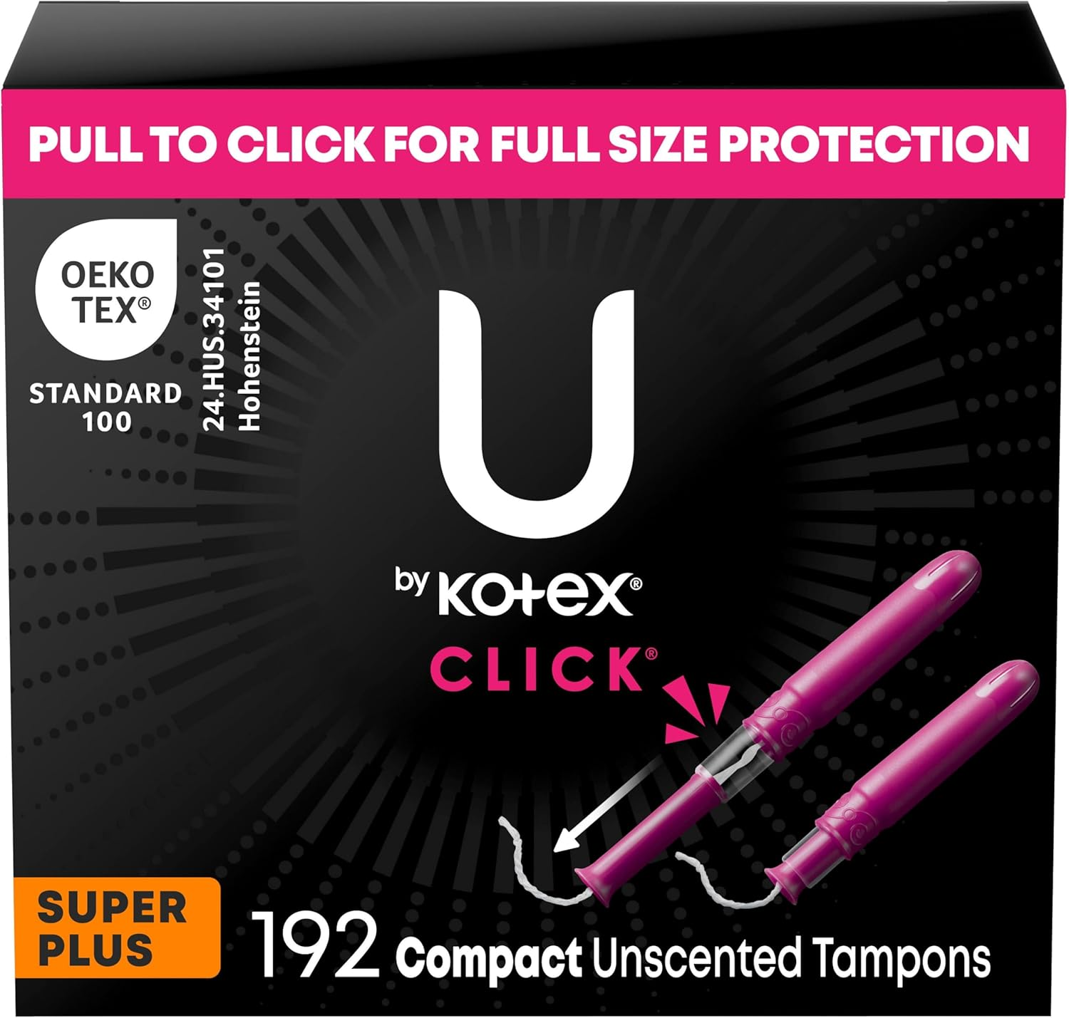 U by Kotex Click Compact Tampons, Super Plus, Unscented, 192 Count (6 Packs of 32) (Packaging May Vary)