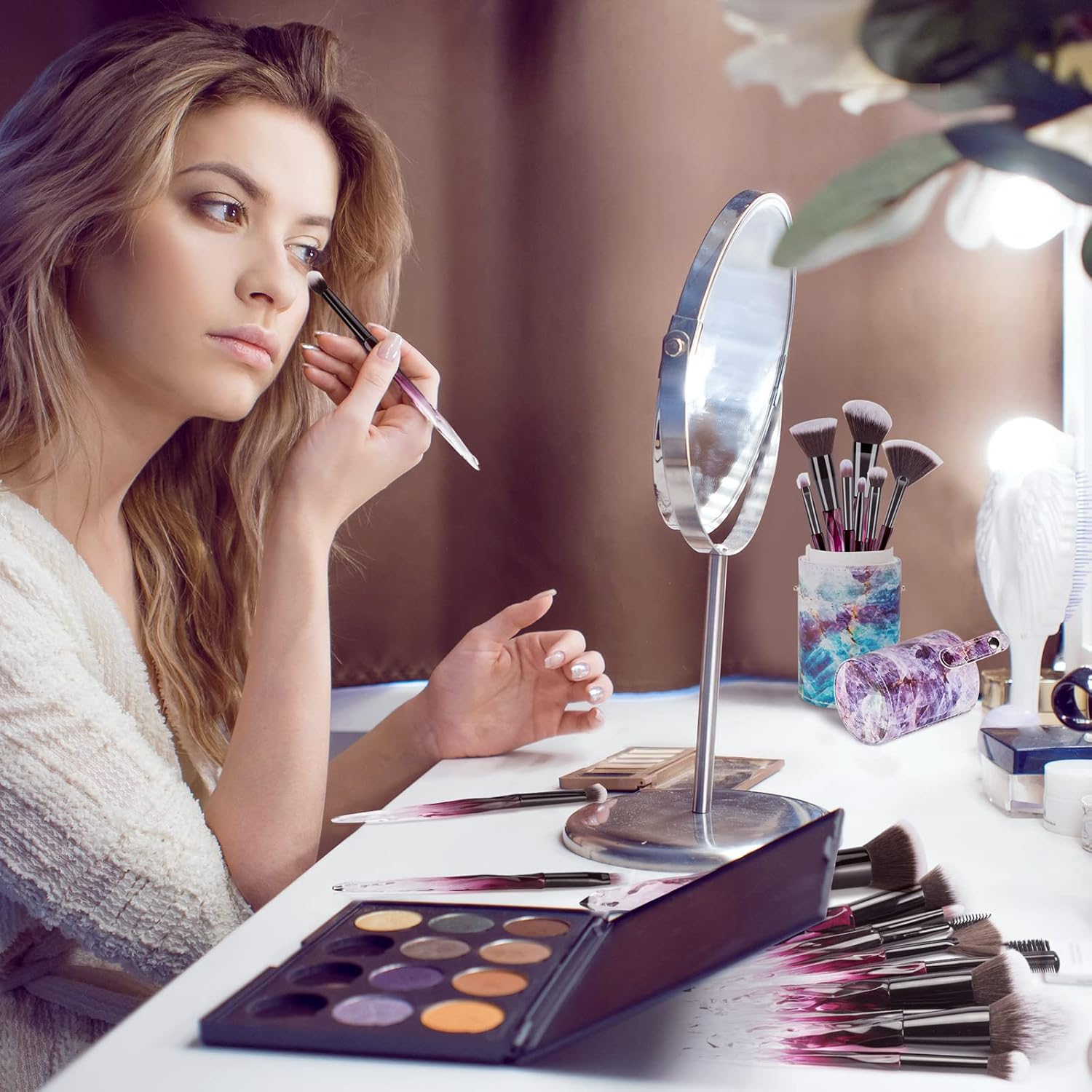 DUAIU Makeup Brushes 15Pcs Premium Synthetic Bristles Crystal Handle Set Kabuki Foundation Brush Face Lip Eye Makeup Brush Sets Professional with Starry Gift Box(Purple) - Purple image number 6