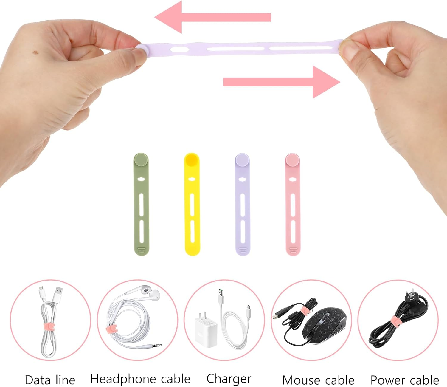 Molain Reusable Cable Ties, 20Pcs Adjustable Silicone Cable Straps Wire Organizer for Charging Cords Earphone Computer Wire Desk Cable Management Travel Accessories(Yellow+Pink+Purple+Green) - Yellow+Pink+Purple+Green image number 6