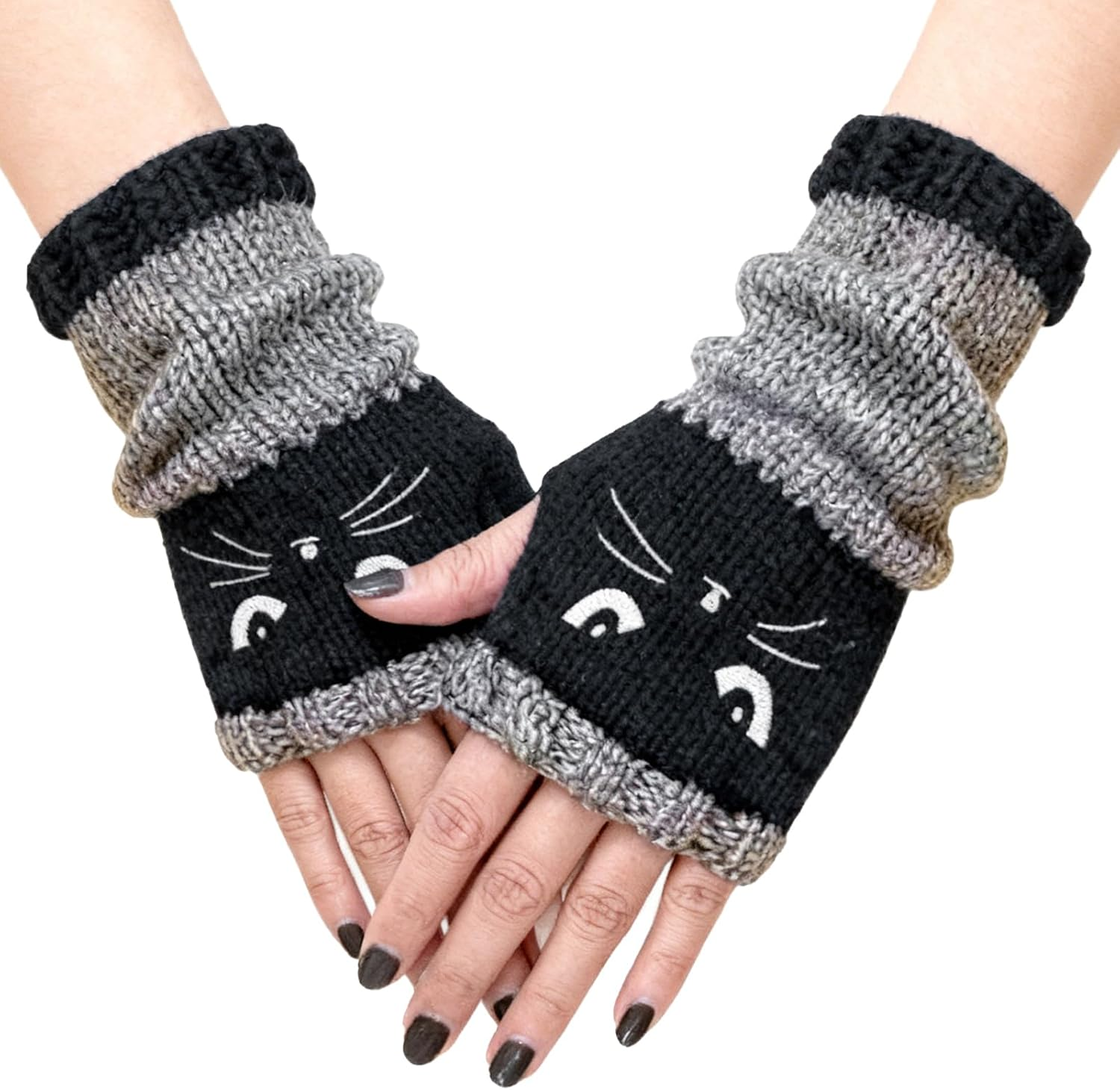 Cat Embroidery Patchworks Knitted Gloves, Cat Embroidery Outdoor Warming Supplies,Fashionable Fingerless Casual Women'S Gloves for Cats Lovers Women Girls Ladies