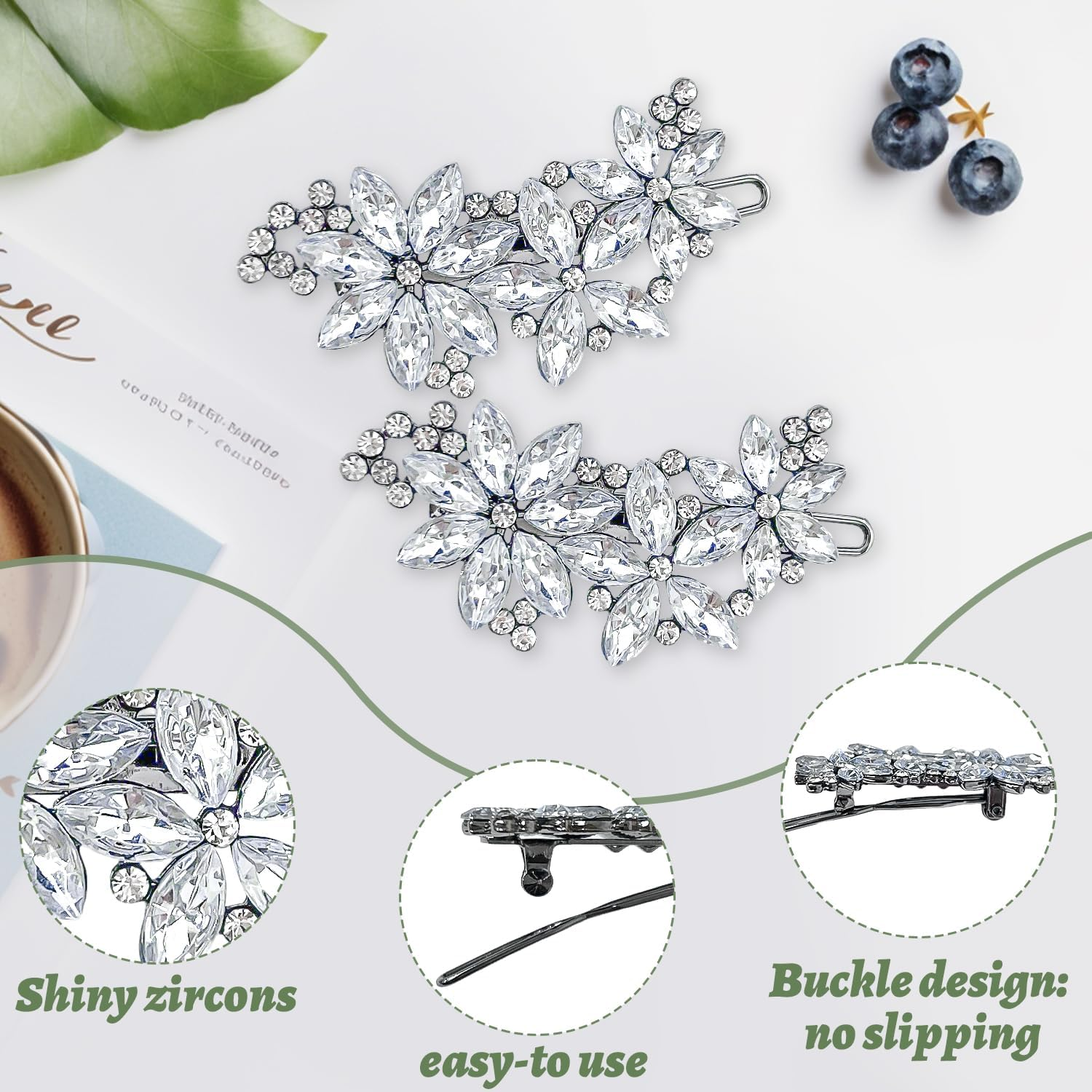 2 Pieces Rhinestone Hair Clips for Women | Wedding Hair Accessories for Women | Elegant Silver Bridal Hair Clips Sparkly Hair Clips for Bride Wedding Party Prom Gift image number 5